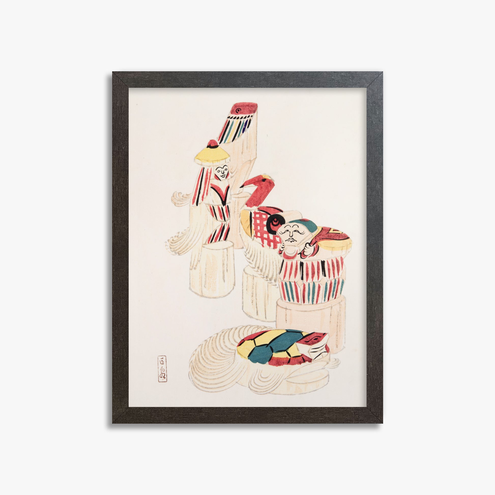 Kawasaki Kyosen: Kyosen’s Collected Illustrations of Japanese Toys Nr. 52 ("Ancient Folk Spirits"), 30x40cm Framed Art Reproduction With Espresso Frame