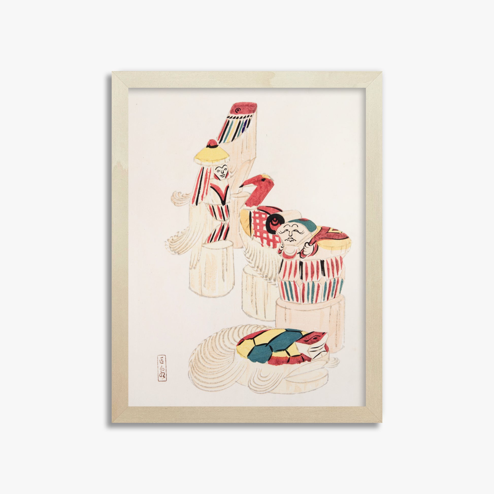Kawasaki Kyosen: Kyosen’s Collected Illustrations of Japanese Toys Nr. 52 ("Ancient Folk Spirits"), 30x40cm Framed Art Reproduction With Lime Wood Frame