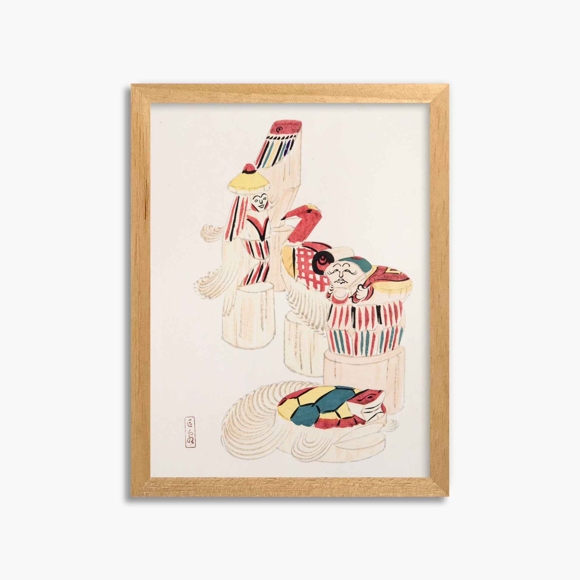 Kawasaki Kyosen: Kyosen’s Collected Illustrations of Japanese Toys Nr. 52 ("Ancient Folk Spirits"), 30x40cm Framed Art Reproduction With Oak Frame