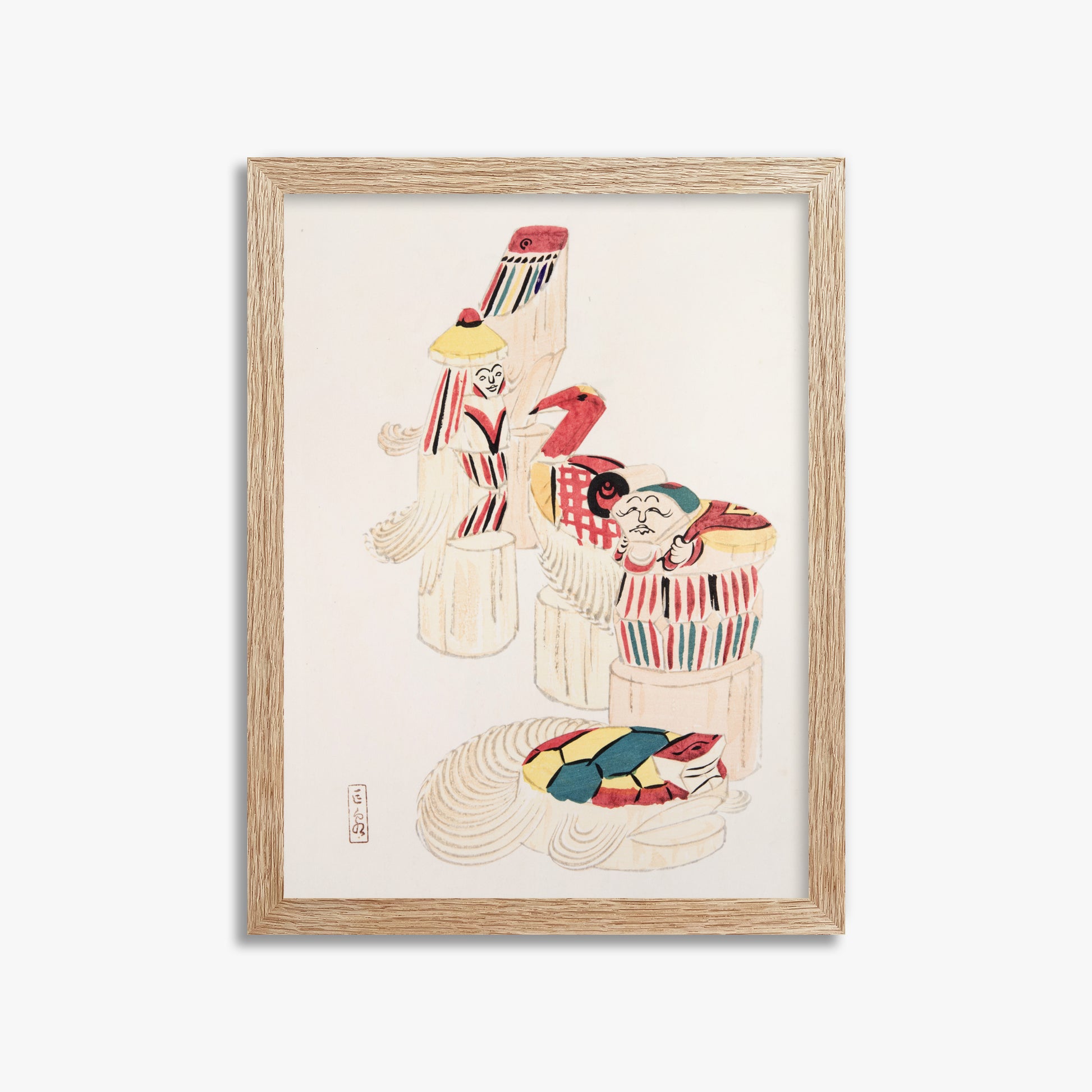 Kawasaki Kyosen: Kyosen’s Collected Illustrations of Japanese Toys Nr. 52 ("Ancient Folk Spirits"), 30x40cm Framed Art Reproduction With Raw Oak Frame