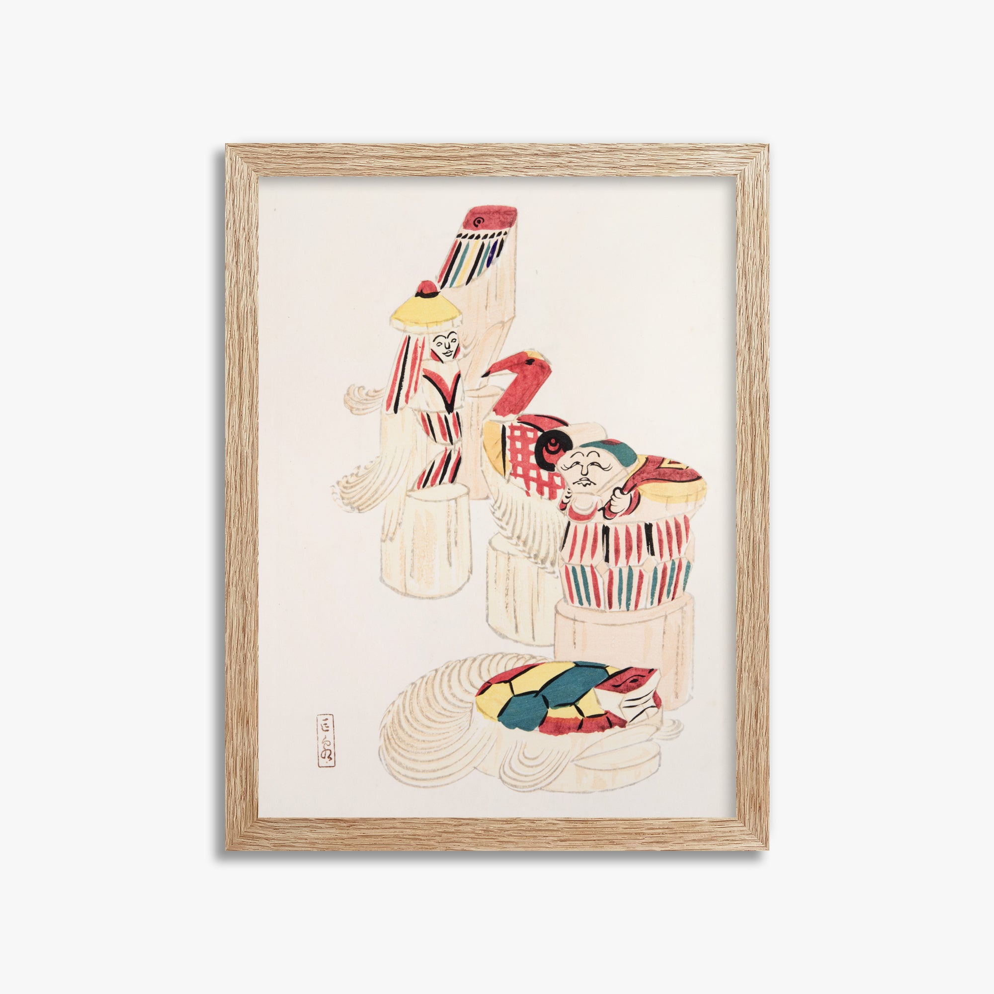 Kawasaki Kyosen: Kyosen’s Collected Illustrations of Japanese Toys Nr. 52 ("Ancient Folk Spirits"), 30x40cm Framed Art Reproduction With Raw Oak Frame