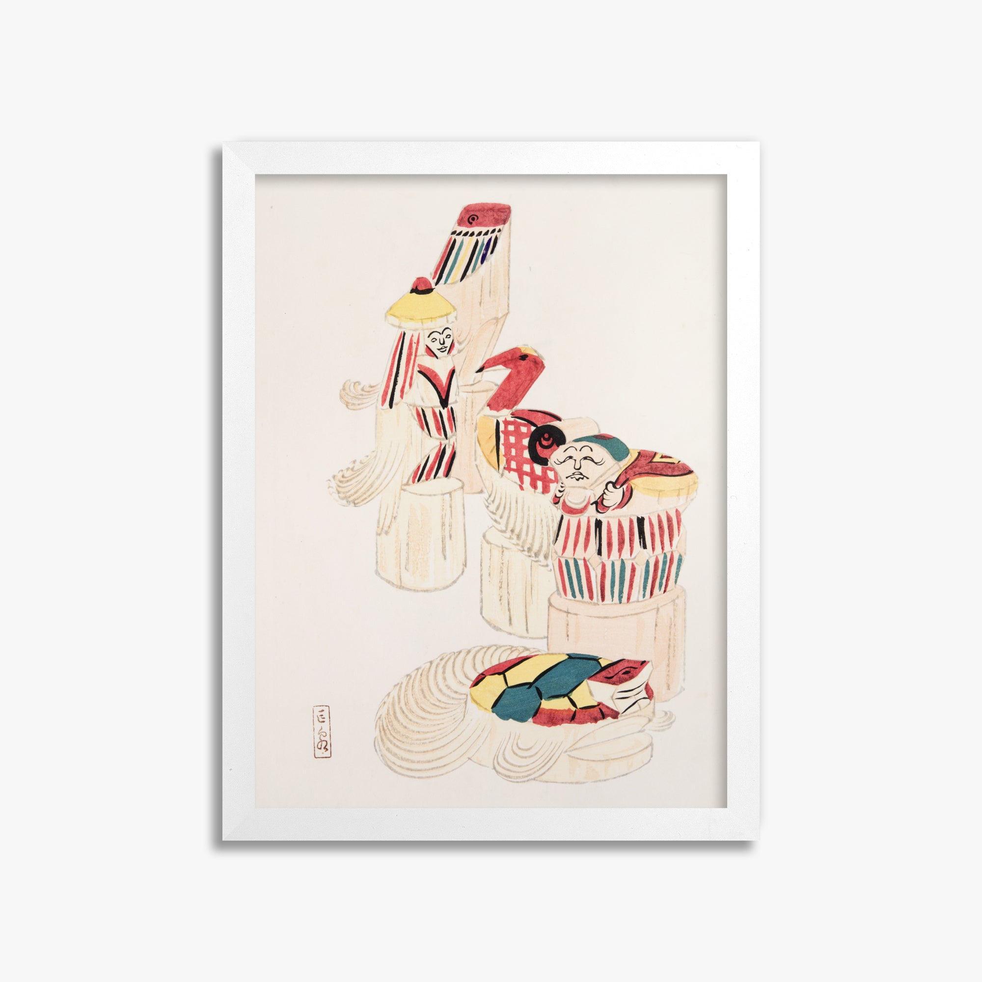 Kawasaki Kyosen: Kyosen’s Collected Illustrations of Japanese Toys Nr. 52 ("Ancient Folk Spirits"), 30x40cm Framed Art Reproduction With White Frame