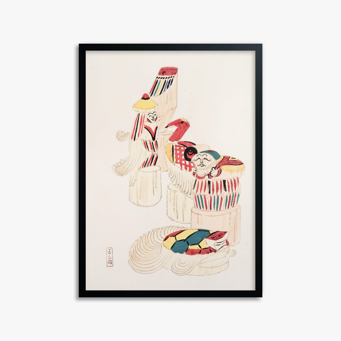 Kawasaki Kyosen: Kyosen’s Collected Illustrations of Japanese Toys Nr. 52 ("Ancient Folk Spirits"), 50x70cm Framed Art Reproduction With Black Frame