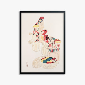 Kawasaki Kyosen: Kyosen’s Collected Illustrations of Japanese Toys Nr. 52 ("Ancient Folk Spirits"), 50x70cm Framed Art Reproduction With Black Frame
