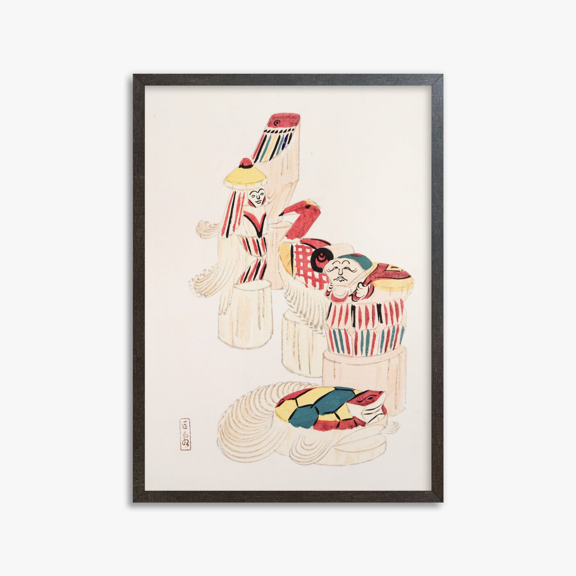 Kawasaki Kyosen: Kyosen’s Collected Illustrations of Japanese Toys Nr. 52 ("Ancient Folk Spirits"), 50x70cm Framed Art Reproduction With Espresso Frame
