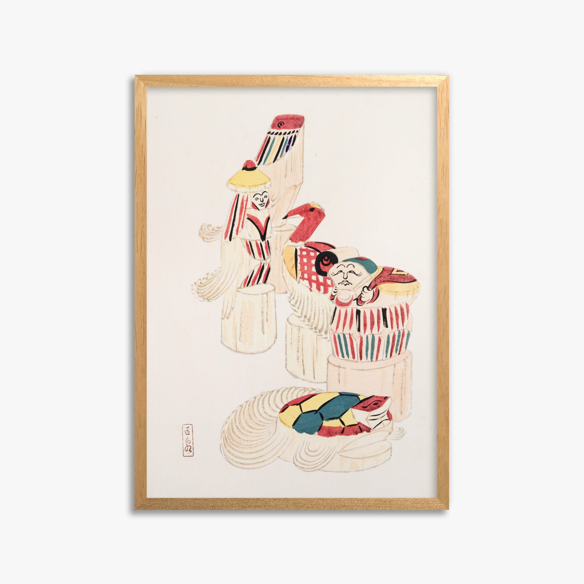 Kawasaki Kyosen: Kyosen’s Collected Illustrations of Japanese Toys Nr. 52 ("Ancient Folk Spirits"), 50x70cm Framed Art Reproduction With Oak Frame