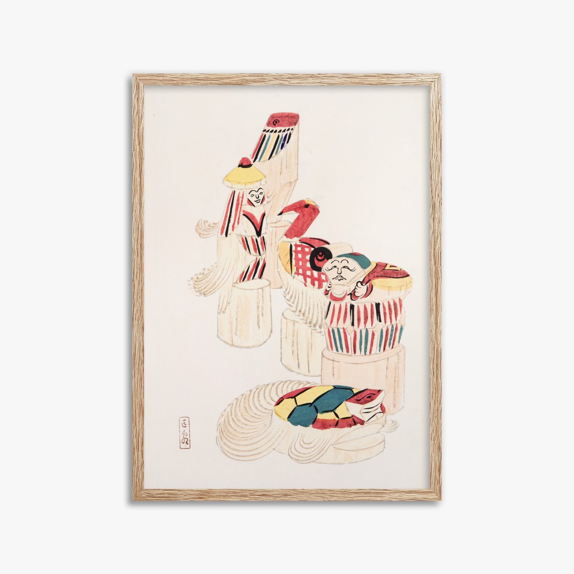 Kawasaki Kyosen: Kyosen’s Collected Illustrations of Japanese Toys Nr. 52 ("Ancient Folk Spirits"), 50x70cm Framed Art Reproduction With Raw Oak Frame