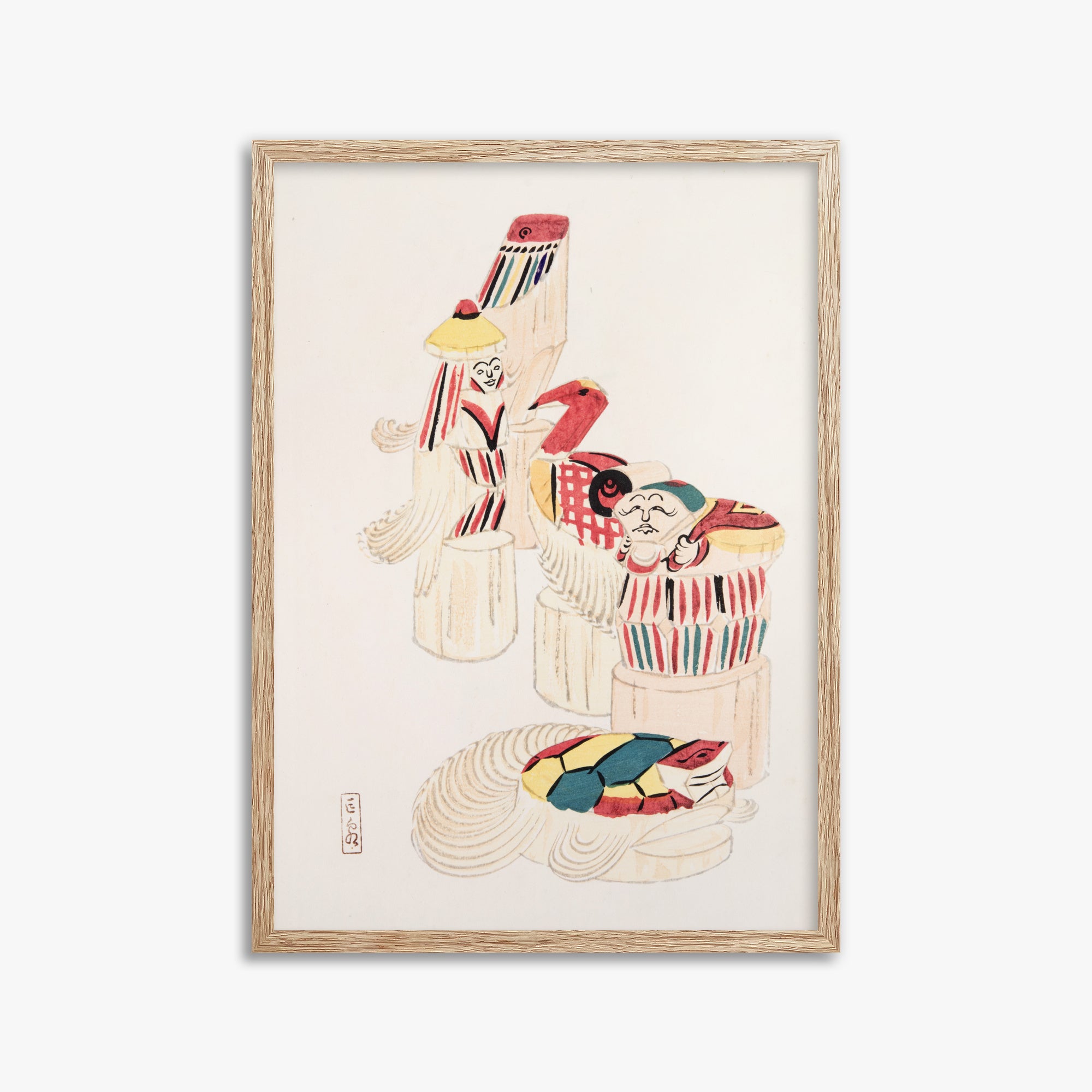 Kawasaki Kyosen: Kyosen’s Collected Illustrations of Japanese Toys Nr. 52 ("Ancient Folk Spirits"), 50x70cm Framed Art Reproduction With Raw Oak Frame