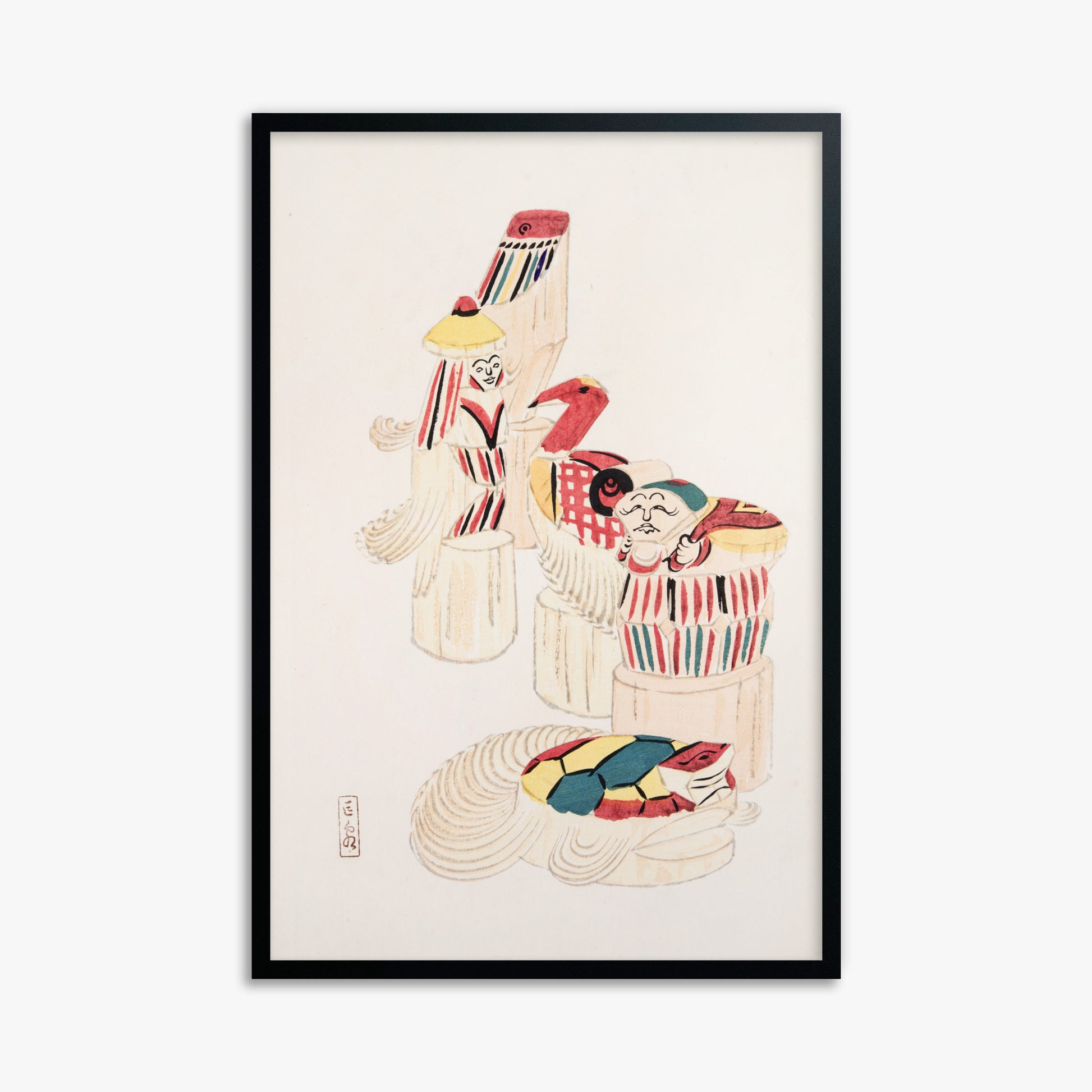 Kawasaki Kyosen: Kyosen’s Collected Illustrations of Japanese Toys Nr. 52 ("Ancient Folk Spirits"), 61x91cm Framed Art Reproduction With Black Frame