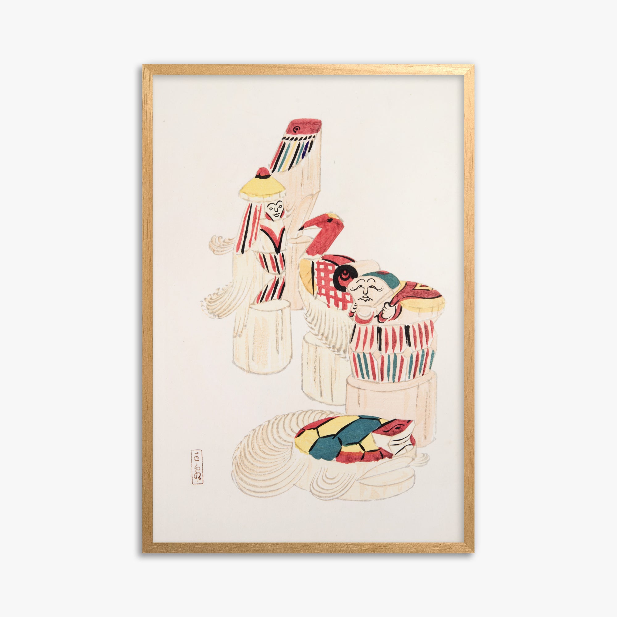 Kawasaki Kyosen: Kyosen’s Collected Illustrations of Japanese Toys Nr. 52 ("Ancient Folk Spirits"), 61x91cm Framed Art Reproduction With Oak Frame