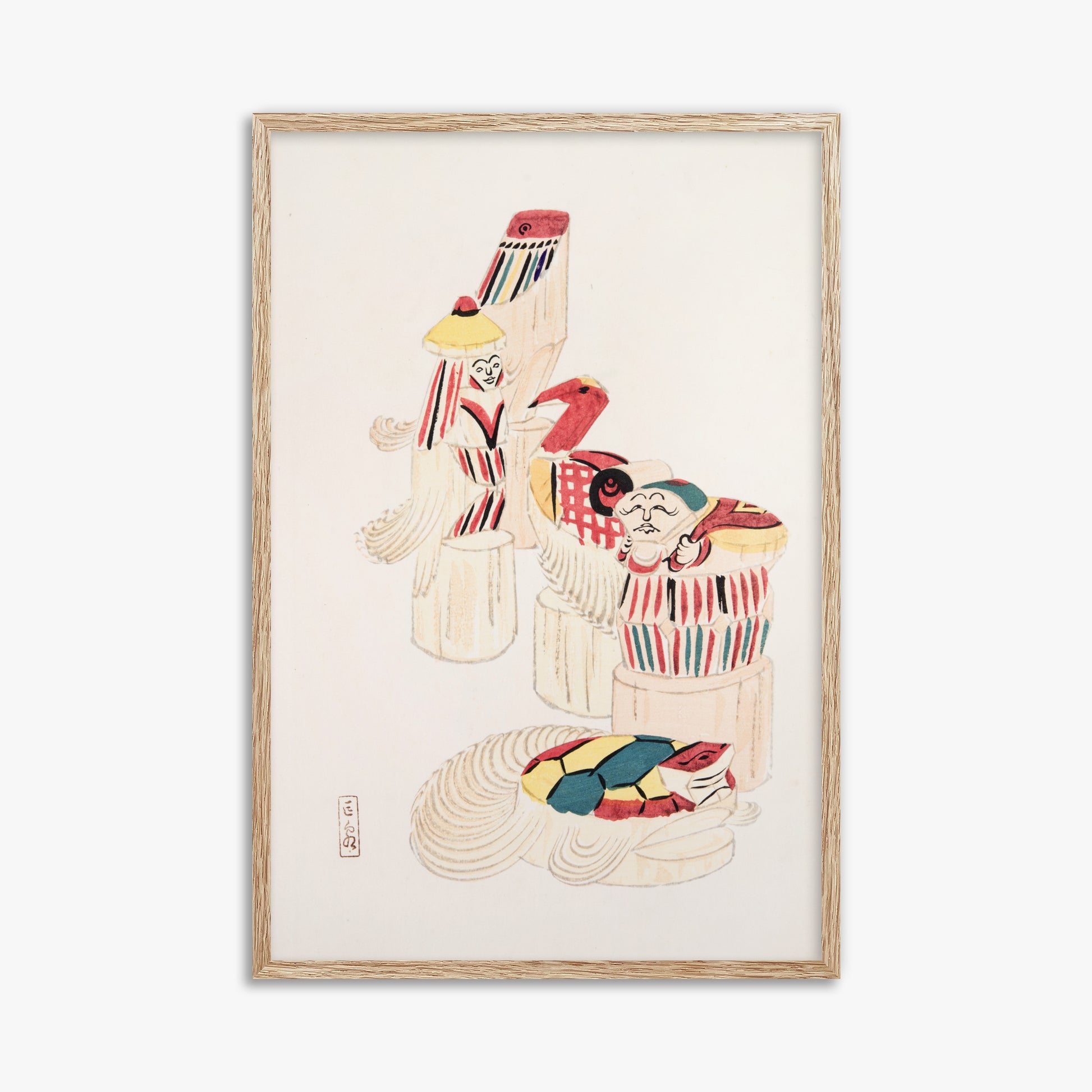 Kawasaki Kyosen: Kyosen’s Collected Illustrations of Japanese Toys Nr. 52 ("Ancient Folk Spirits"), 61x91cm Framed Art Reproduction With Raw Oak Frame