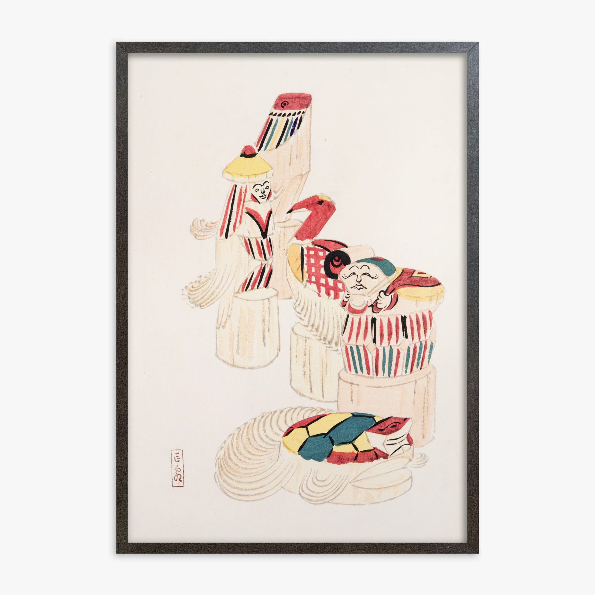 Kawasaki Kyosen: Kyosen’s Collected Illustrations of Japanese Toys Nr. 52 ("Ancient Folk Spirits"), 70x100cm Framed Art Reproduction With Espresso Frame
