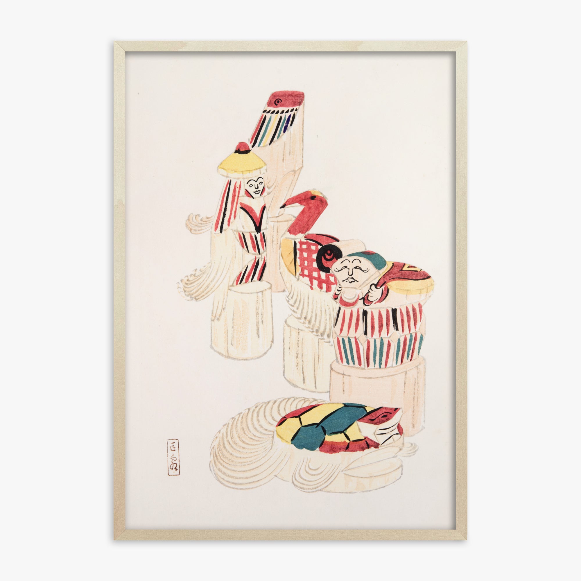 Kawasaki Kyosen: Kyosen’s Collected Illustrations of Japanese Toys Nr. 52 ("Ancient Folk Spirits"), 70x100cm Framed Art Reproduction With Lime Wood Frame