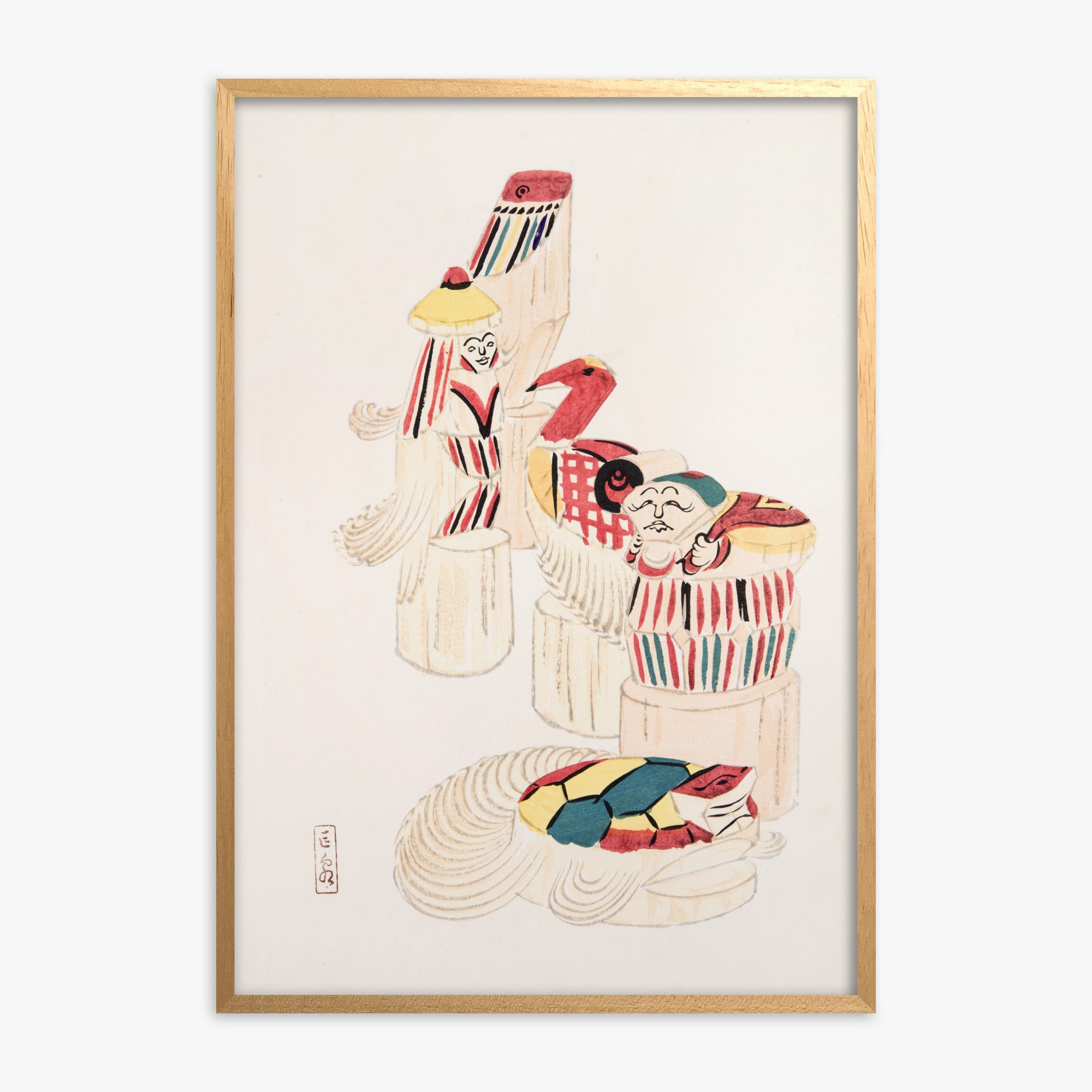 Kawasaki Kyosen: Kyosen’s Collected Illustrations of Japanese Toys Nr. 52 ("Ancient Folk Spirits"), Oak Framed Art Reproduction With Oak Frame