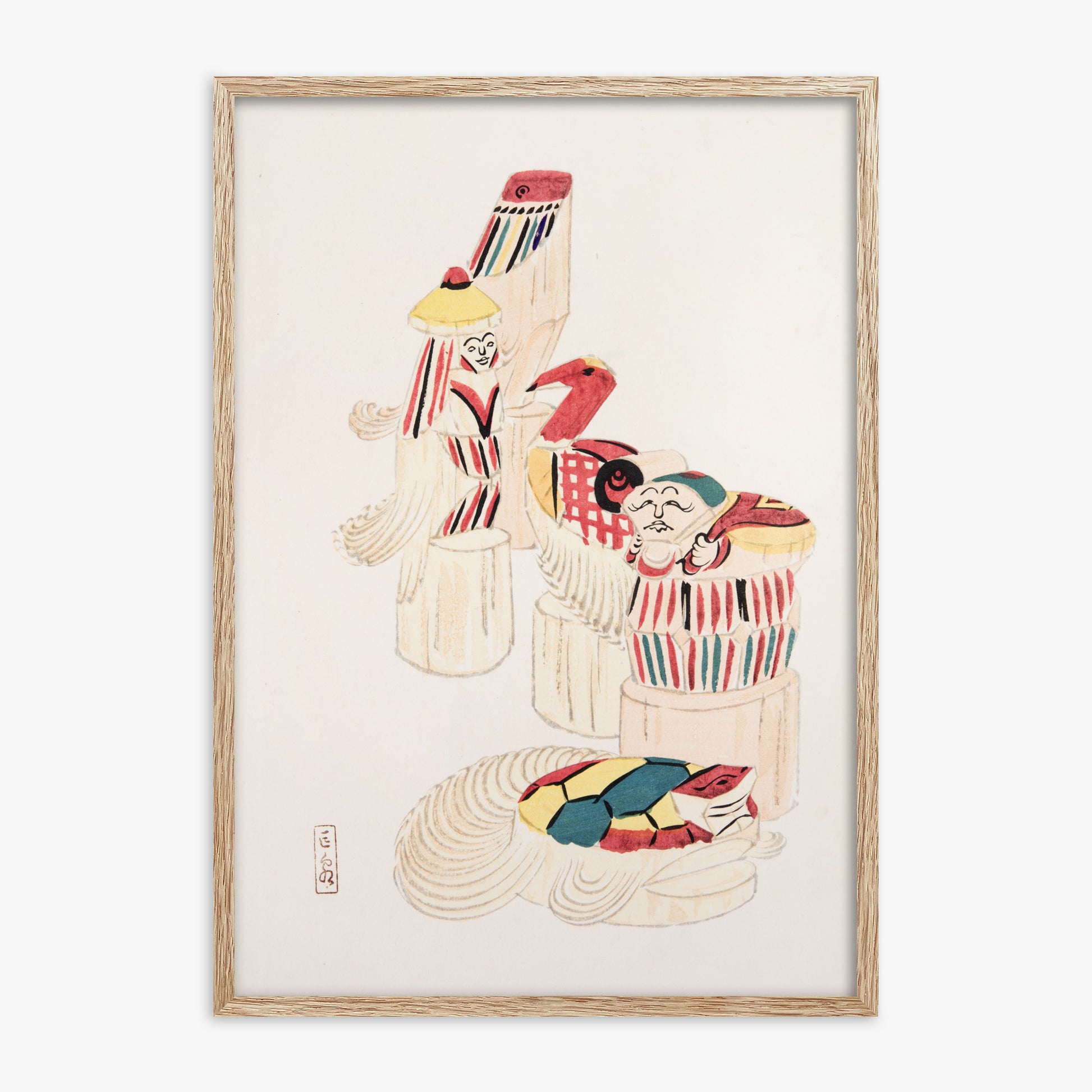 Kawasaki Kyosen: Kyosen’s Collected Illustrations of Japanese Toys Nr. 52 ("Ancient Folk Spirits"), 70x100cm Framed Art Reproduction With Raw Oak Frame