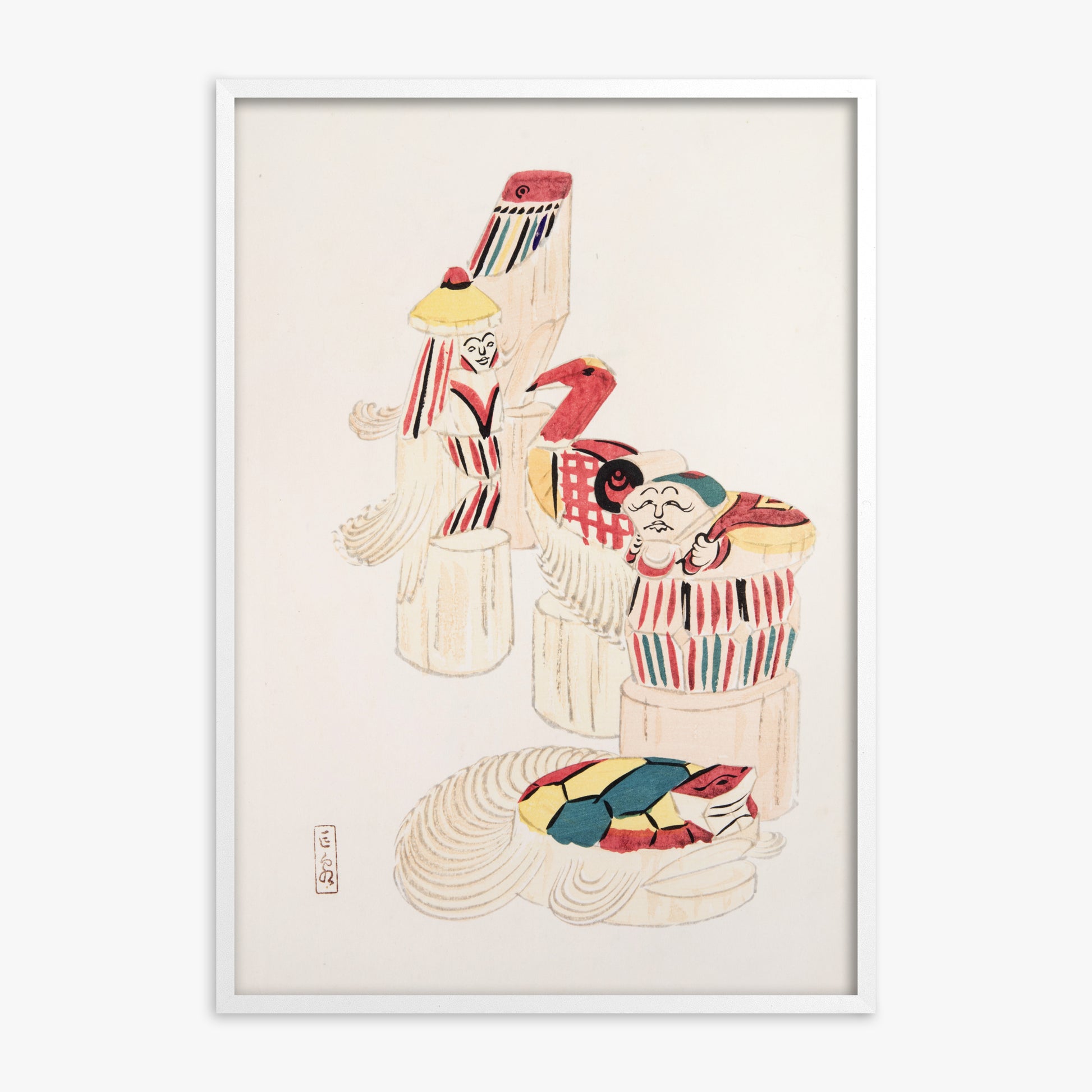 Kawasaki Kyosen: Kyosen’s Collected Illustrations of Japanese Toys Nr. 52 ("Ancient Folk Spirits"), White Framed Art Reproduction With White Frame