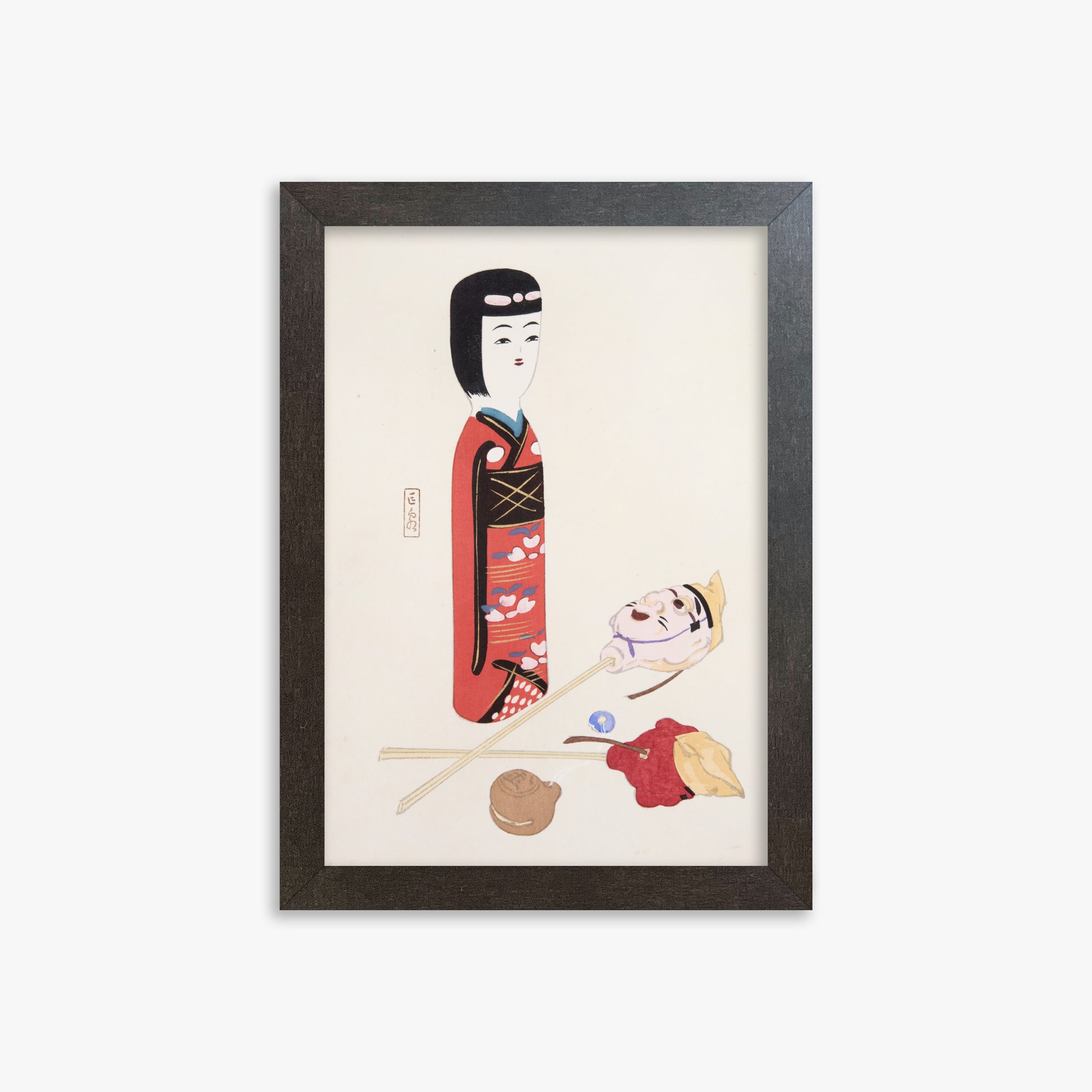 Kawasaki Kyosen: Kyosen’s Collected Illustrations of Japanese Toys Nr. 53 ("Traditional Japanese Figurines"), 21x30cm Framed Art Reproduction With Espresso Frame