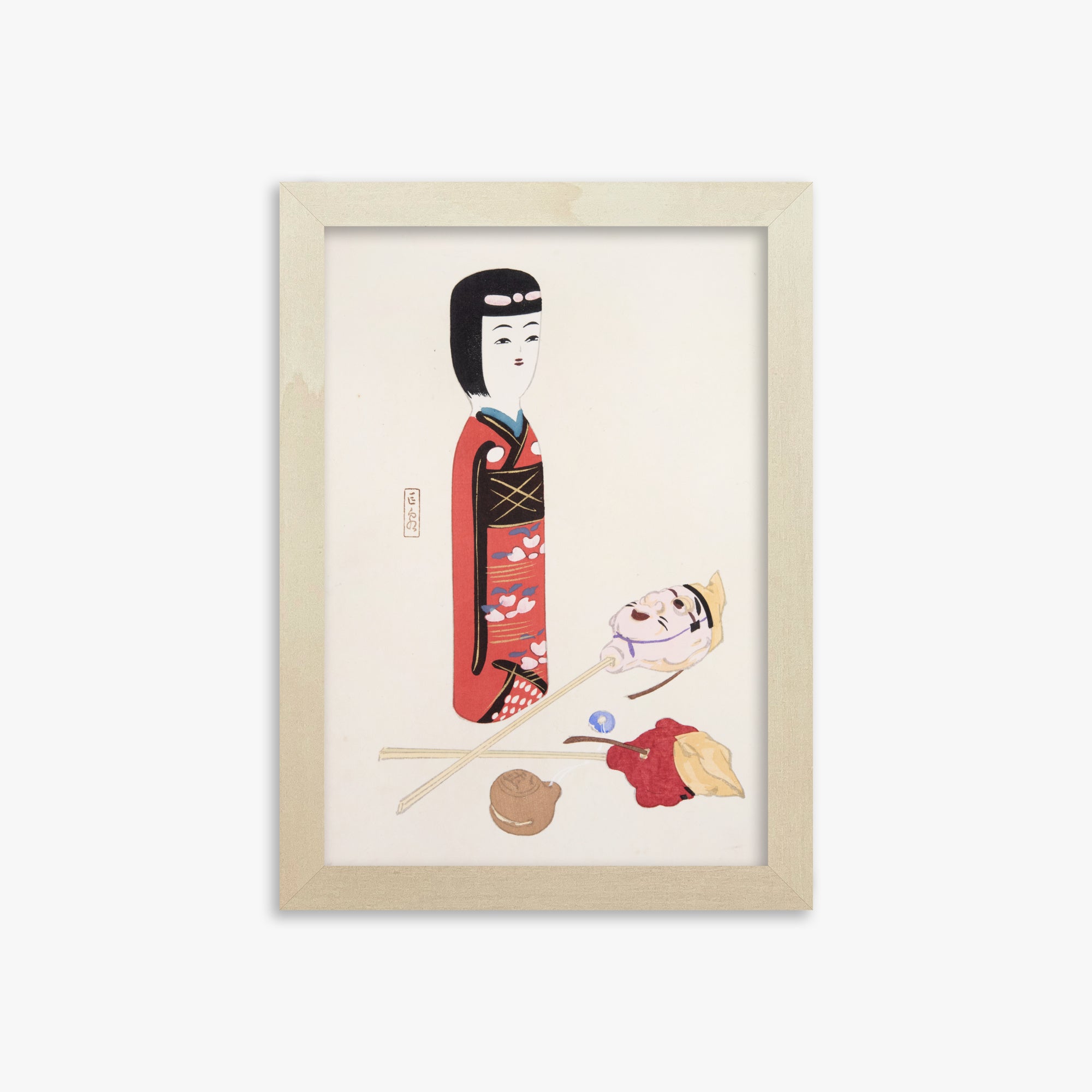 Kawasaki Kyosen: Kyosen’s Collected Illustrations of Japanese Toys Nr. 53 ("Traditional Japanese Figurines"), 21x30cm Framed Art Reproduction With Lime Wood Frame