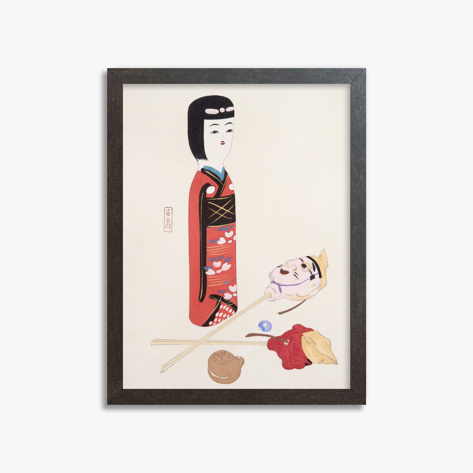 Kawasaki Kyosen: Kyosen’s Collected Illustrations of Japanese Toys Nr. 53 ("Traditional Japanese Figurines"), 30x40cm Framed Art Reproduction With Espresso Frame