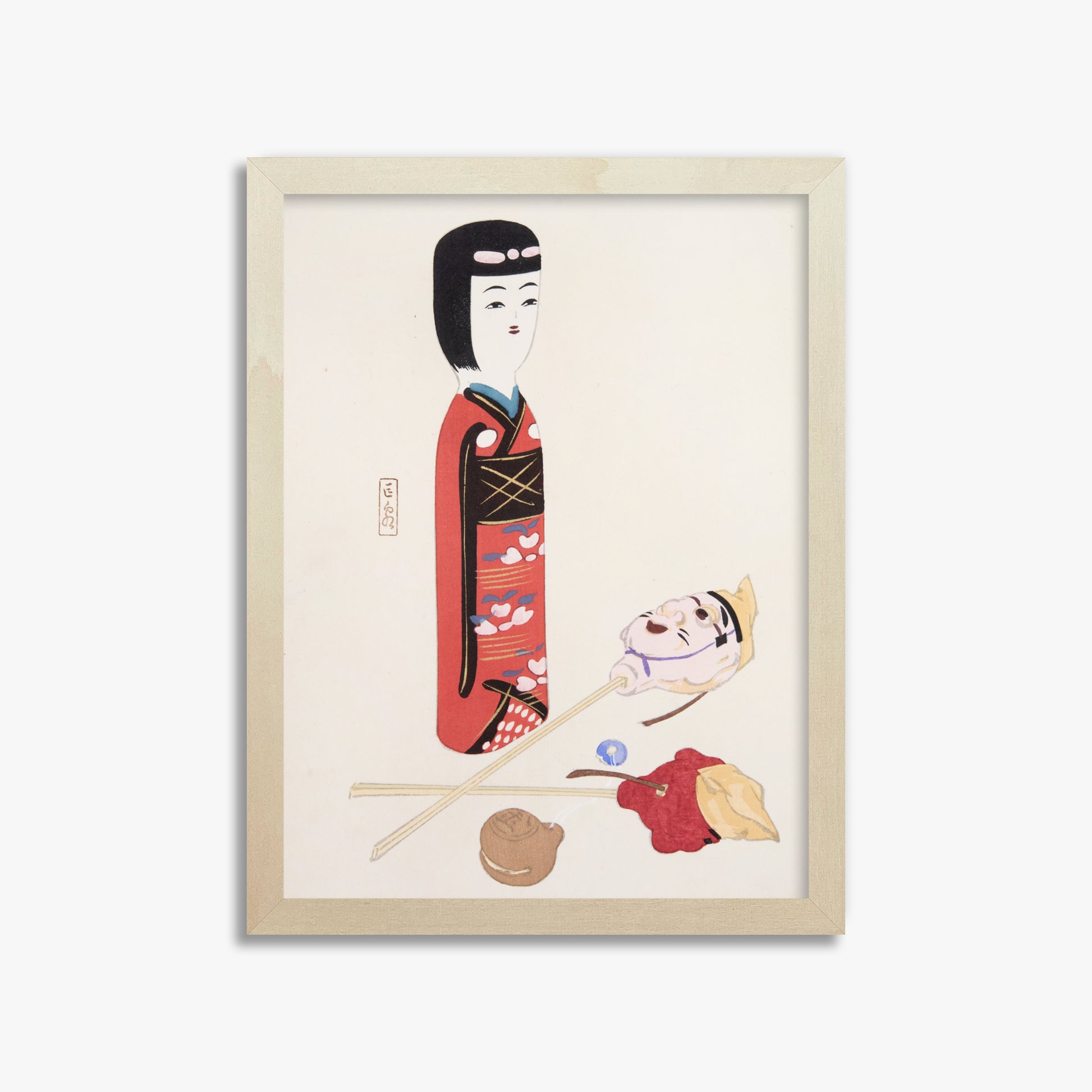 Kawasaki Kyosen: Kyosen’s Collected Illustrations of Japanese Toys Nr. 53 ("Traditional Japanese Figurines"), 30x40cm Framed Art Reproduction With Lime Wood Frame