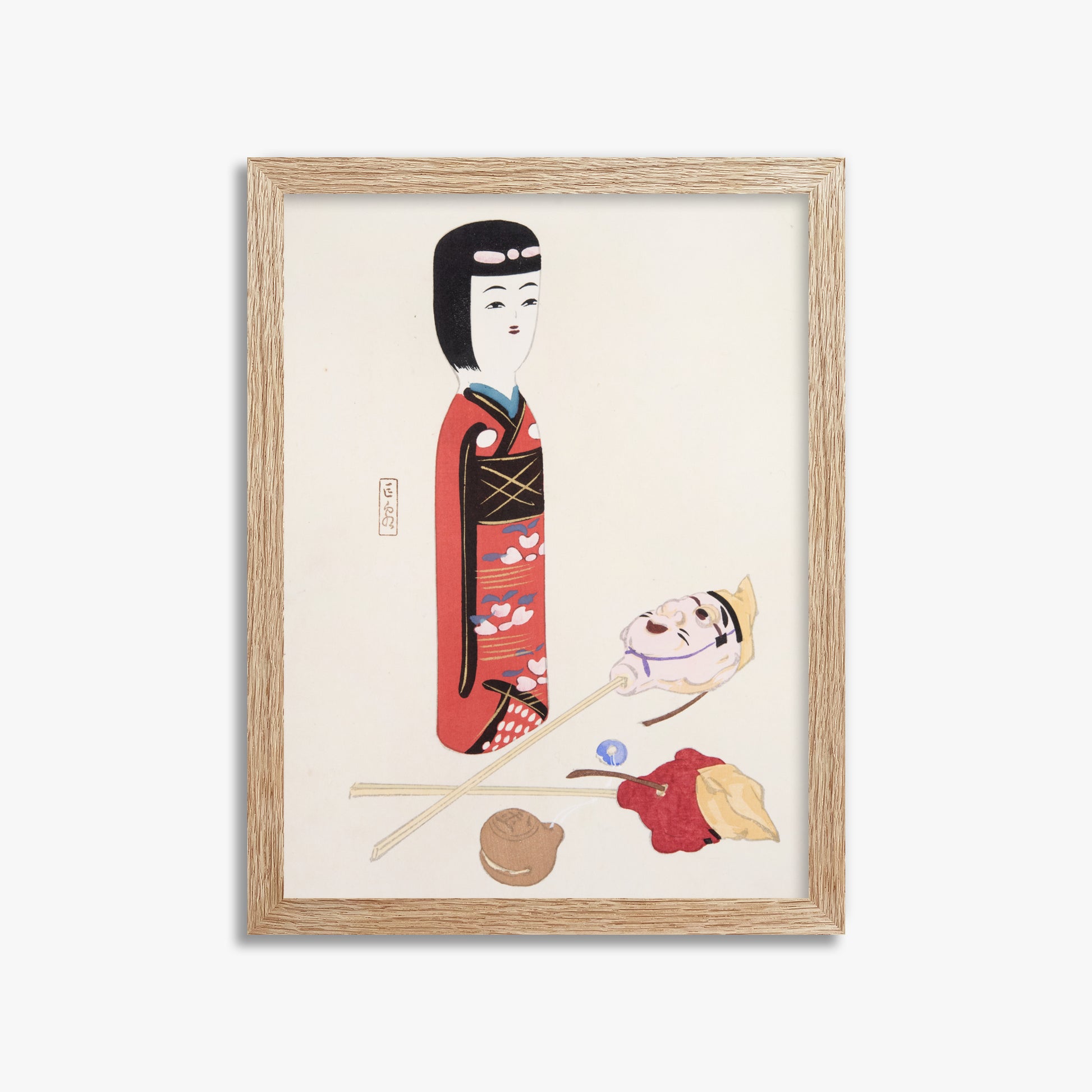Kawasaki Kyosen: Kyosen’s Collected Illustrations of Japanese Toys Nr. 53 ("Traditional Japanese Figurines"), 30x40cm Framed Art Reproduction With Raw Oak Frame