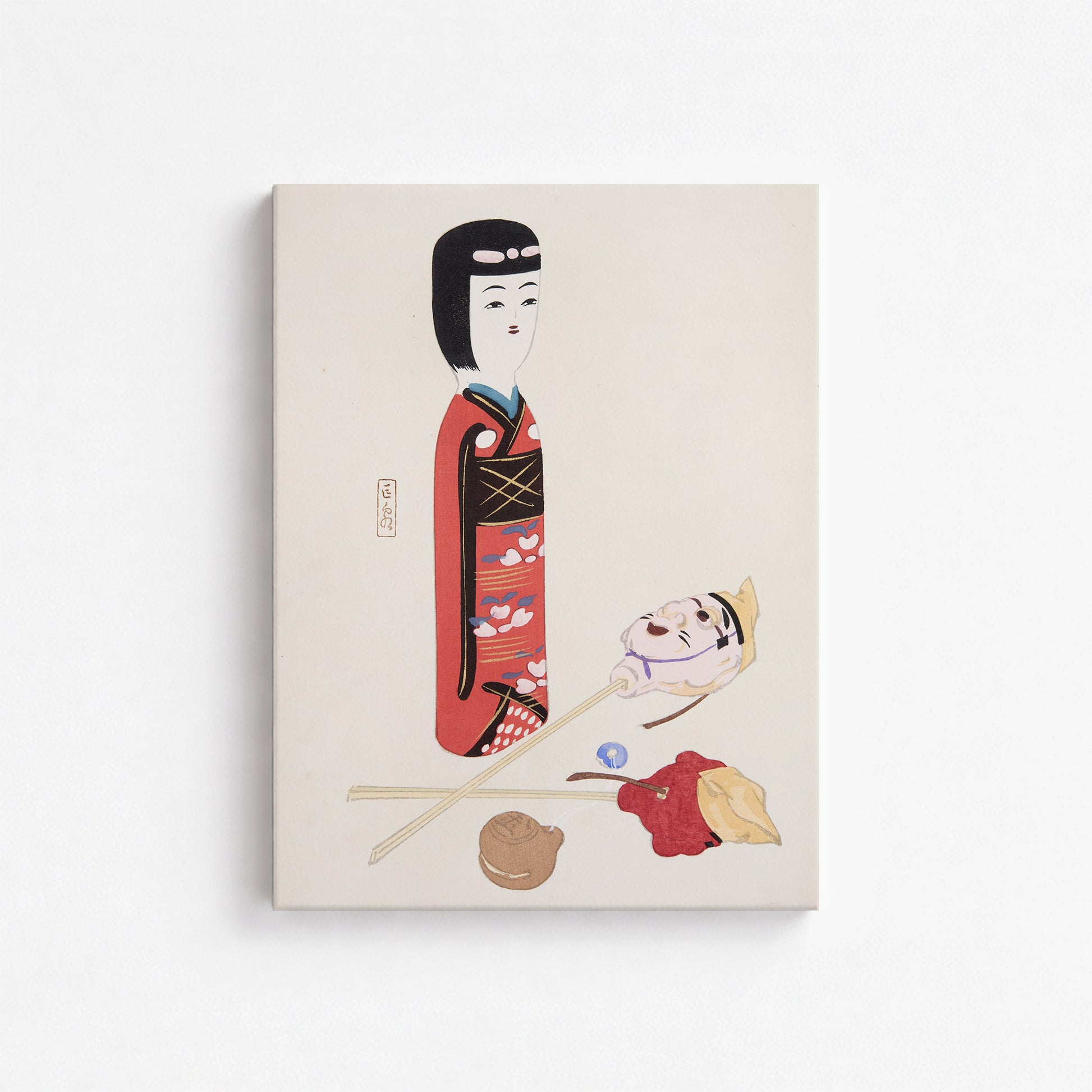 Kawasaki Kyosen: Kyosen’s Collected Illustrations of Japanese Toys Nr. 53 ("Traditional Japanese Figurines"), 30x40cm Satin Canvas Art Reproduction