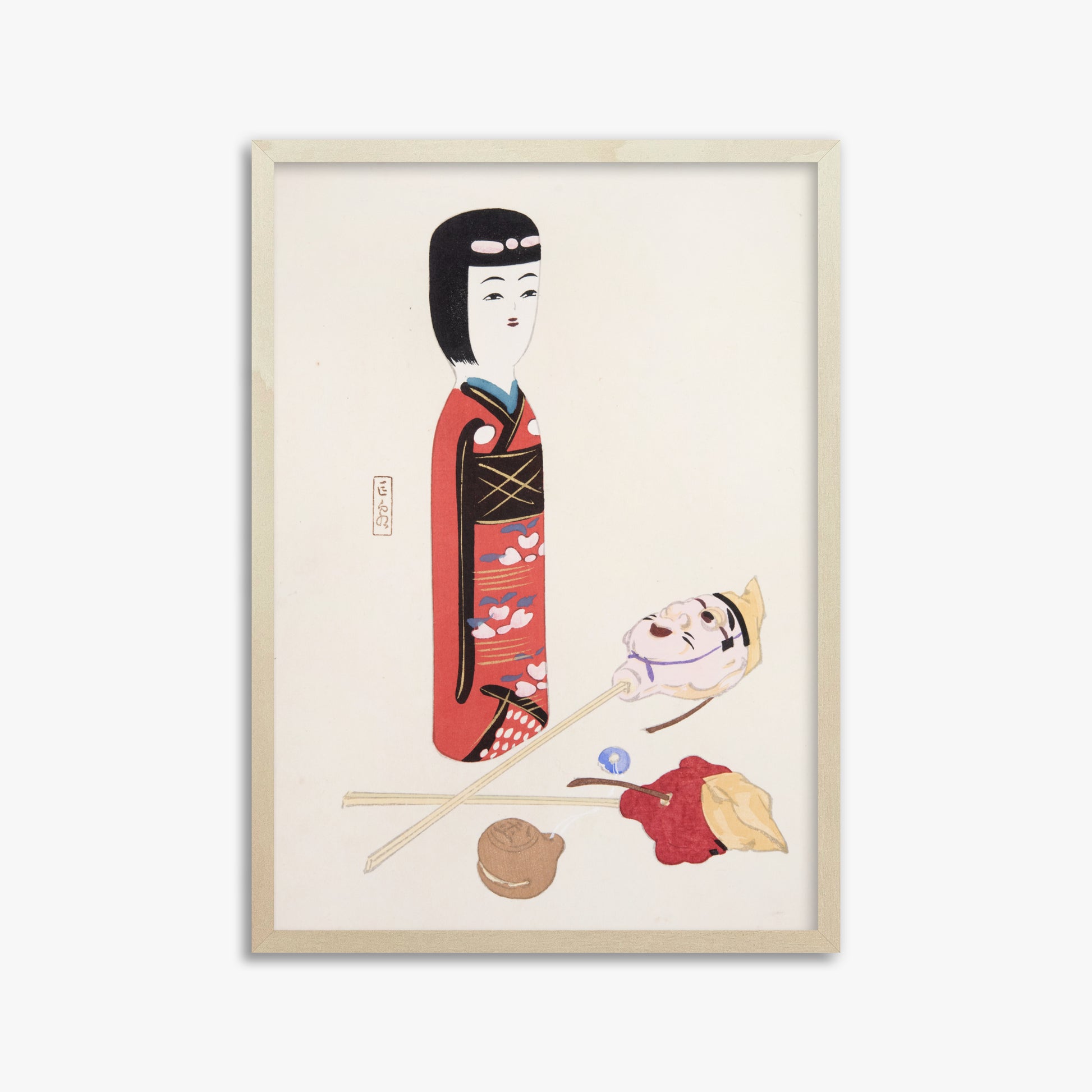 Kawasaki Kyosen: Kyosen’s Collected Illustrations of Japanese Toys Nr. 53 ("Traditional Japanese Figurines"), 50x70cm Framed Art Reproduction With Lime Wood Frame