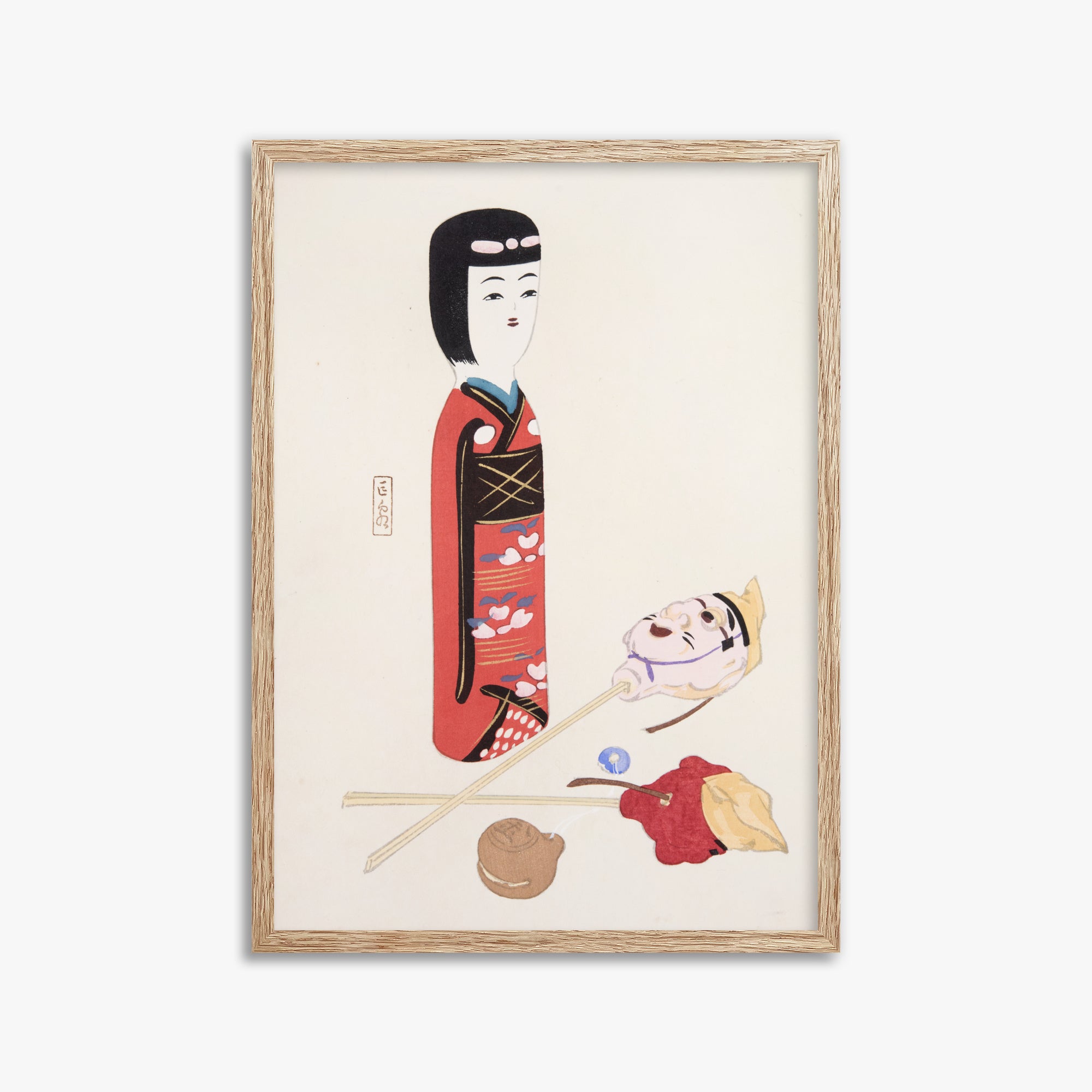 Kawasaki Kyosen: Kyosen’s Collected Illustrations of Japanese Toys Nr. 53 ("Traditional Japanese Figurines"), 50x70cm Framed Art Reproduction With Raw Oak Frame