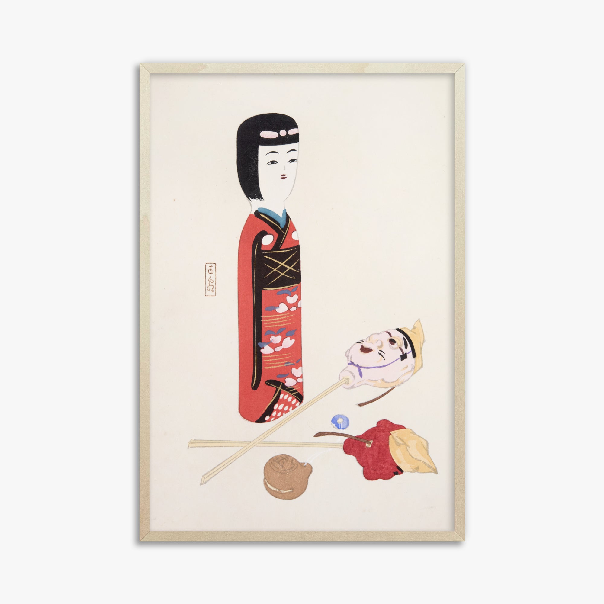 Kawasaki Kyosen: Kyosen’s Collected Illustrations of Japanese Toys Nr. 53 ("Traditional Japanese Figurines"), 61x91cm Framed Art Reproduction With Lime Wood Frame