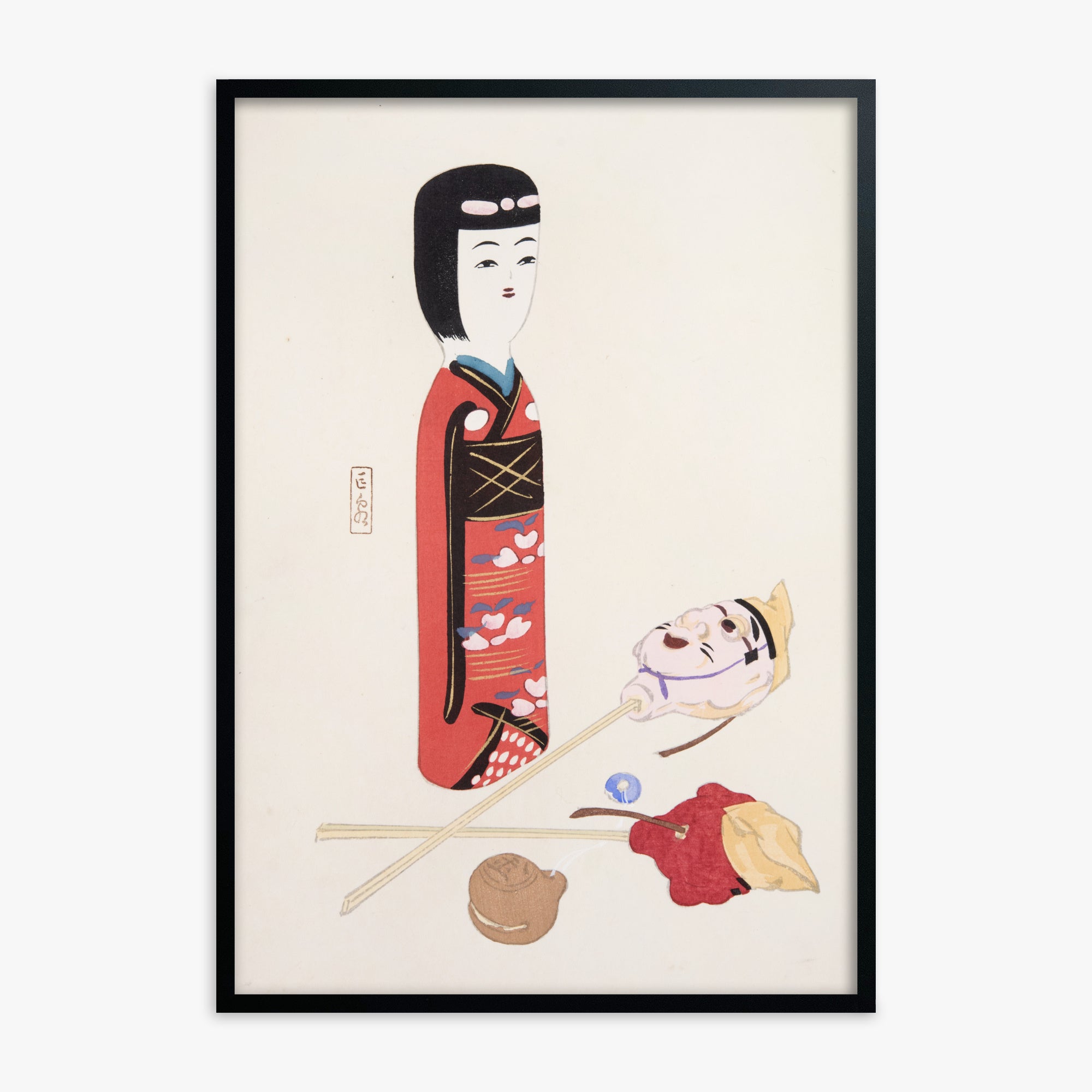 Kawasaki Kyosen: Kyosen’s Collected Illustrations of Japanese Toys Nr. 53 ("Traditional Japanese Figurines"), Black Framed Art Reproduction With Black Frame