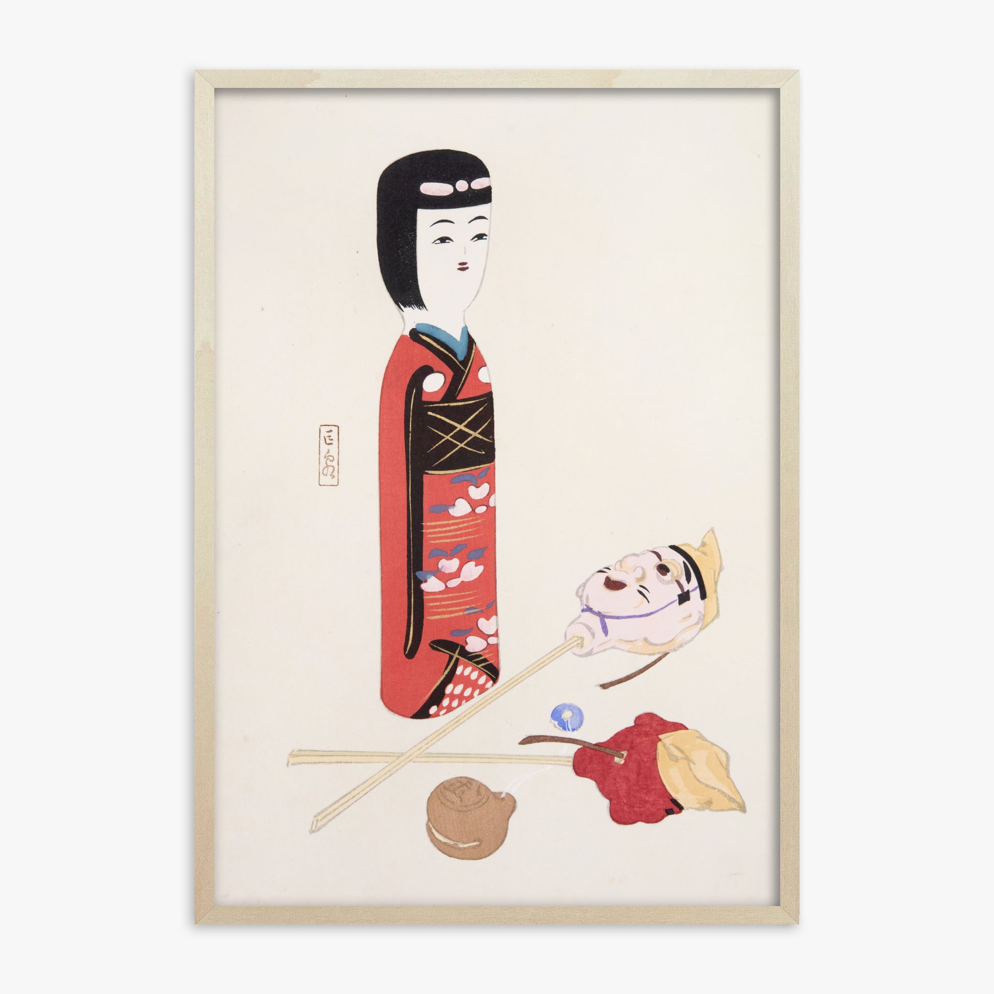 Kawasaki Kyosen: Kyosen’s Collected Illustrations of Japanese Toys Nr. 53 ("Traditional Japanese Figurines"), 70x100cm Framed Art Reproduction With Lime Wood Frame