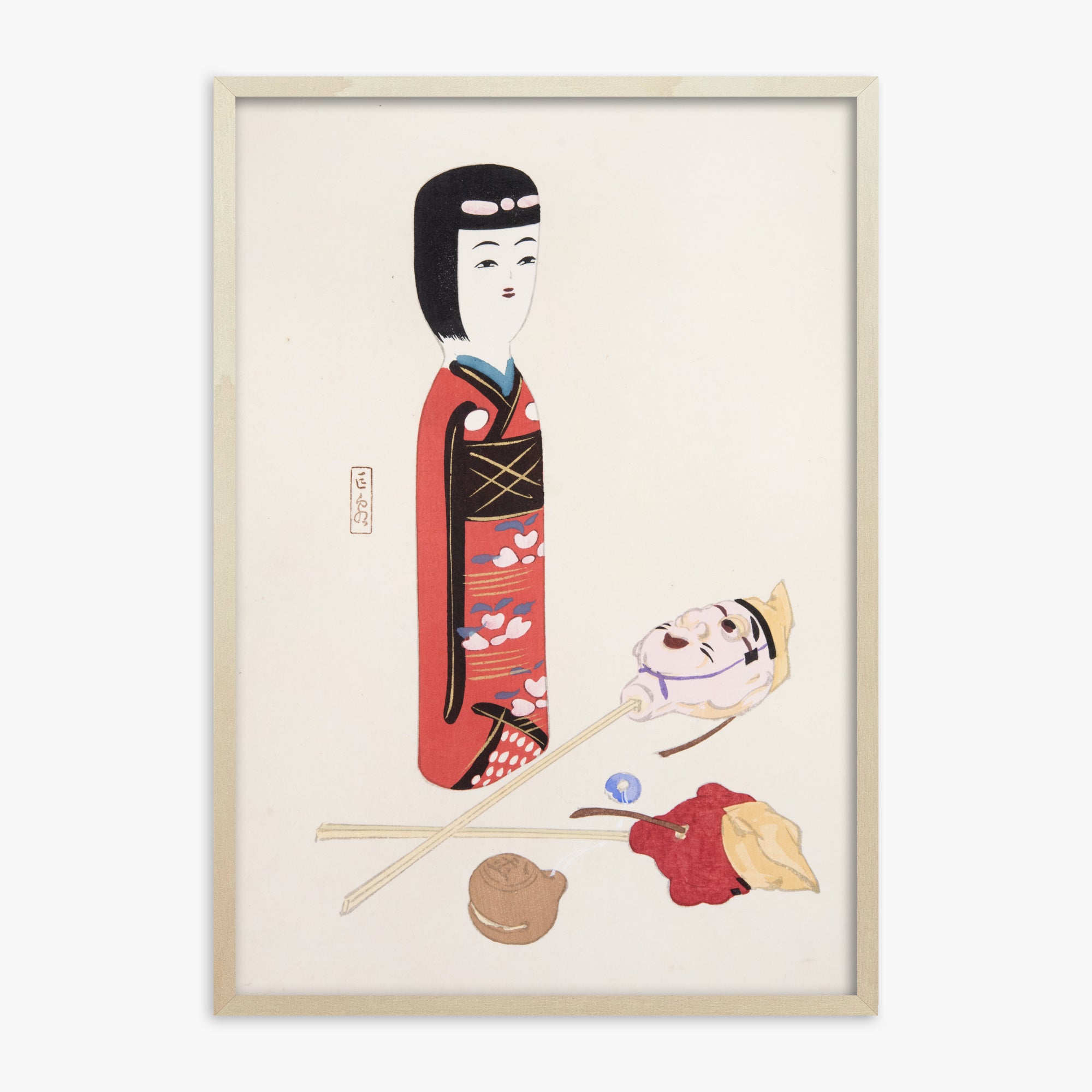 Kawasaki Kyosen: Kyosen’s Collected Illustrations of Japanese Toys Nr. 53 ("Traditional Japanese Figurines"), 70x100cm Framed Art Reproduction With Lime Wood Frame