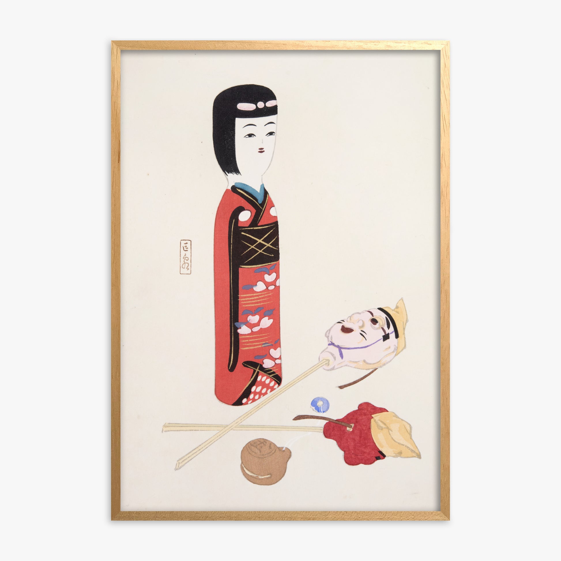 Kawasaki Kyosen: Kyosen’s Collected Illustrations of Japanese Toys Nr. 53 ("Traditional Japanese Figurines"), Oak Framed Art Reproduction With Oak Frame