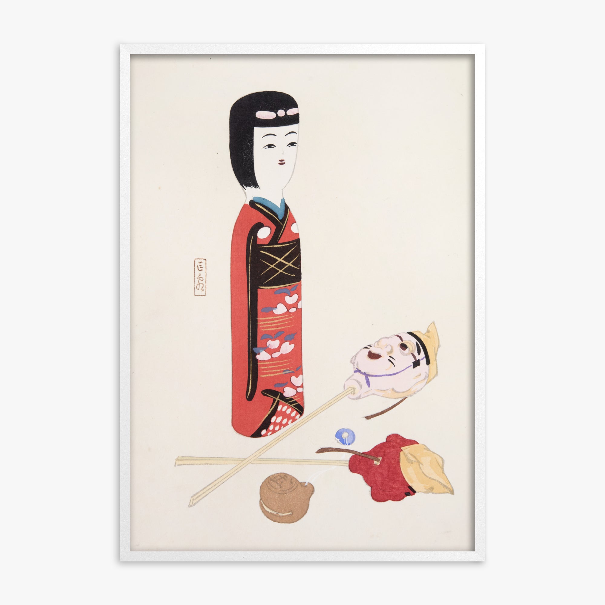 Kawasaki Kyosen: Kyosen’s Collected Illustrations of Japanese Toys Nr. 53 ("Traditional Japanese Figurines"), White Framed Art Reproduction With White Frame