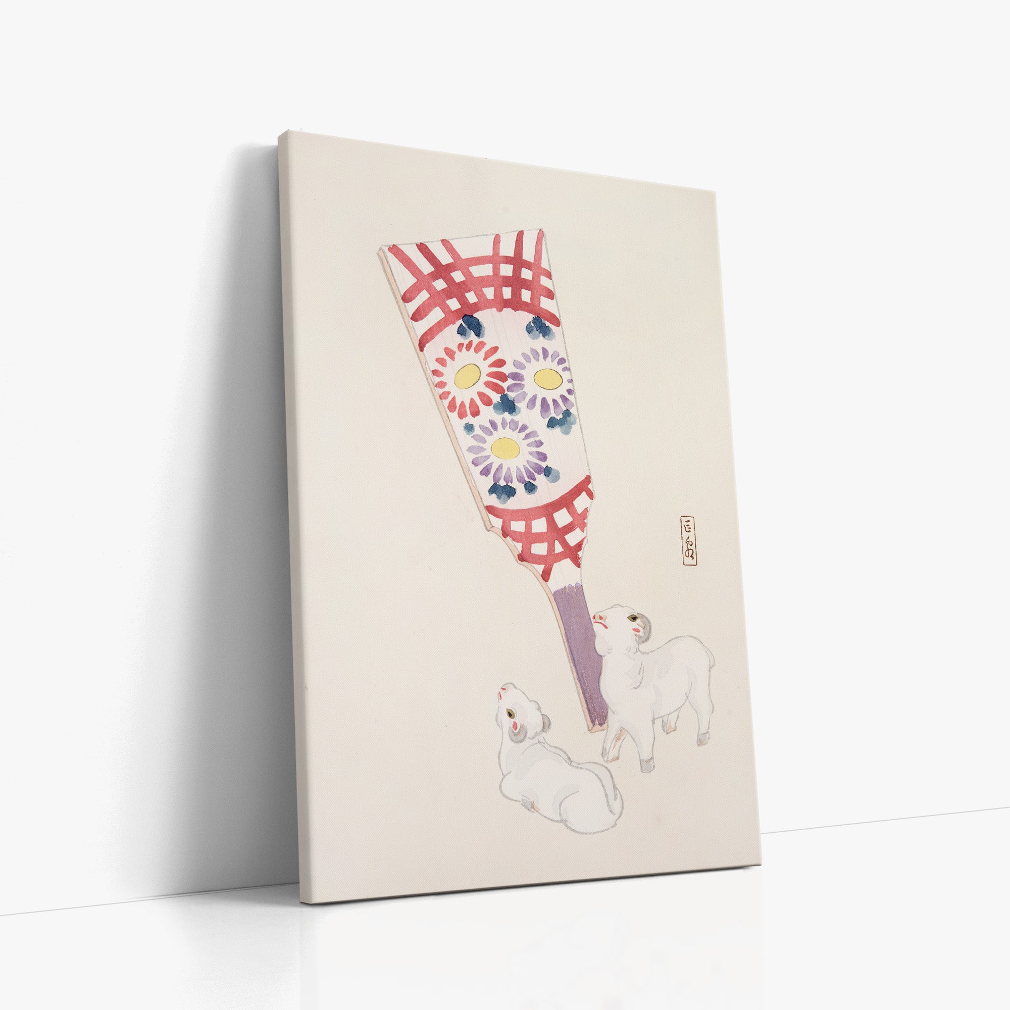 Kawasaki Kyosen’s Collected Illustrations of Japanese Toys No. 54 ("Playful Spirits: Traditional Paddle and Lambs"), Vintage Japanese Wall A
