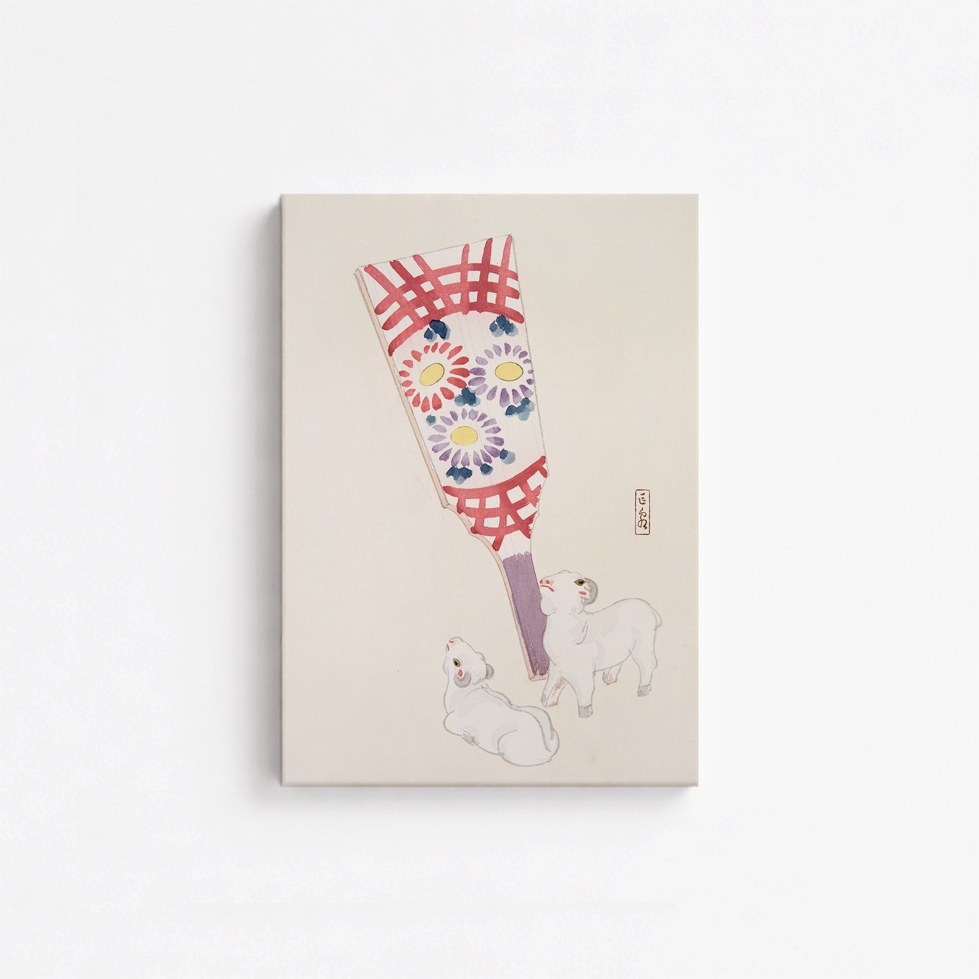 Kawasaki Kyosen’s Collected Illustrations of Japanese Toys No. 54 ("Playful Spirits: Traditional Paddle and Lambs"), Vintage Japanese Wall A