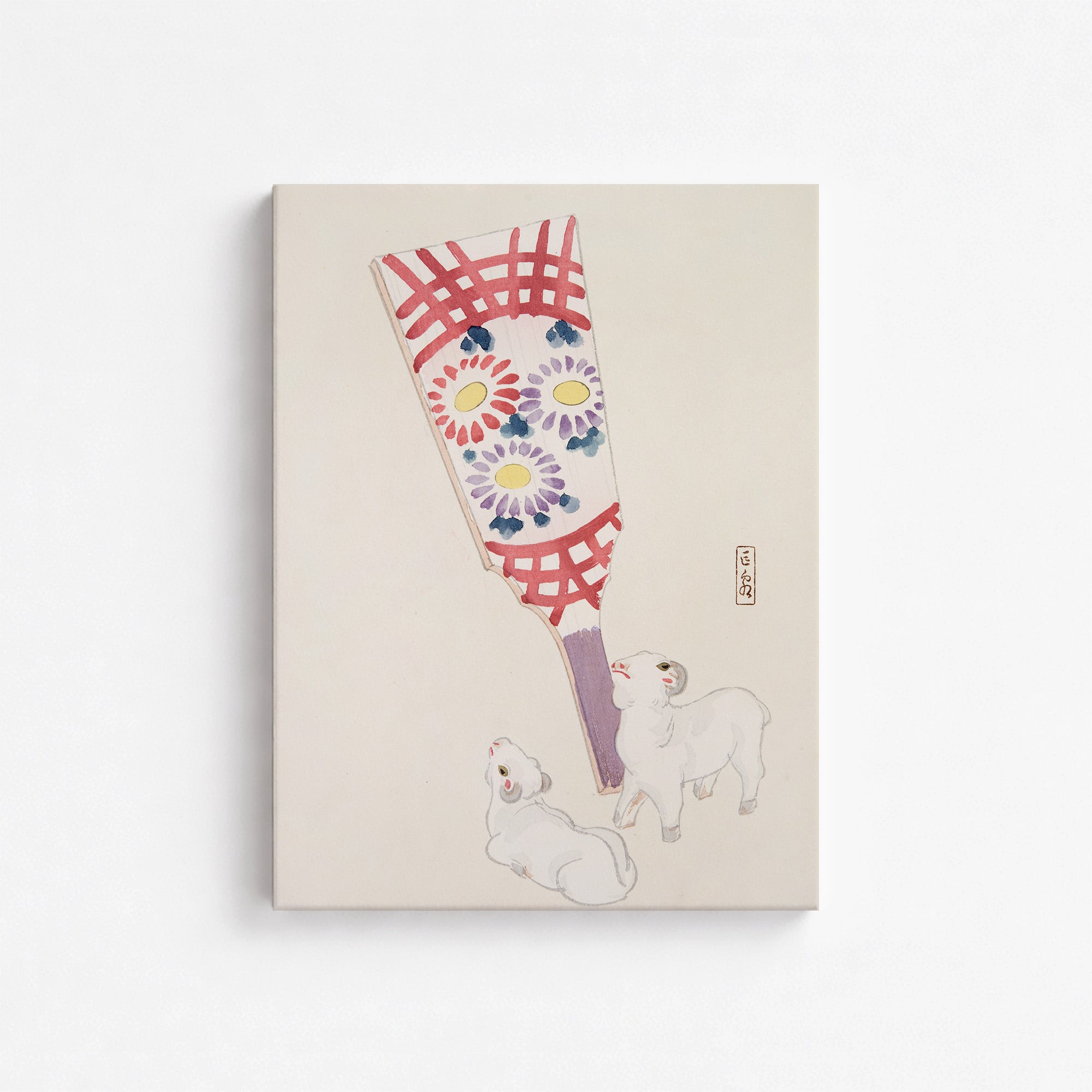Kawasaki Kyosen’s Collected Illustrations of Japanese Toys No. 54 ("Playful Spirits: Traditional Paddle and Lambs"), Vintage Japanese Wall A