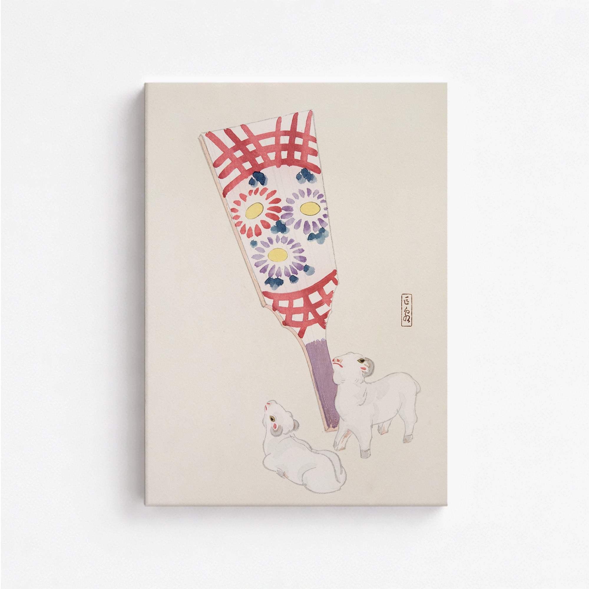 Kawasaki Kyosen’s Collected Illustrations of Japanese Toys No. 54 ("Playful Spirits: Traditional Paddle and Lambs"), Vintage Japanese Wall A