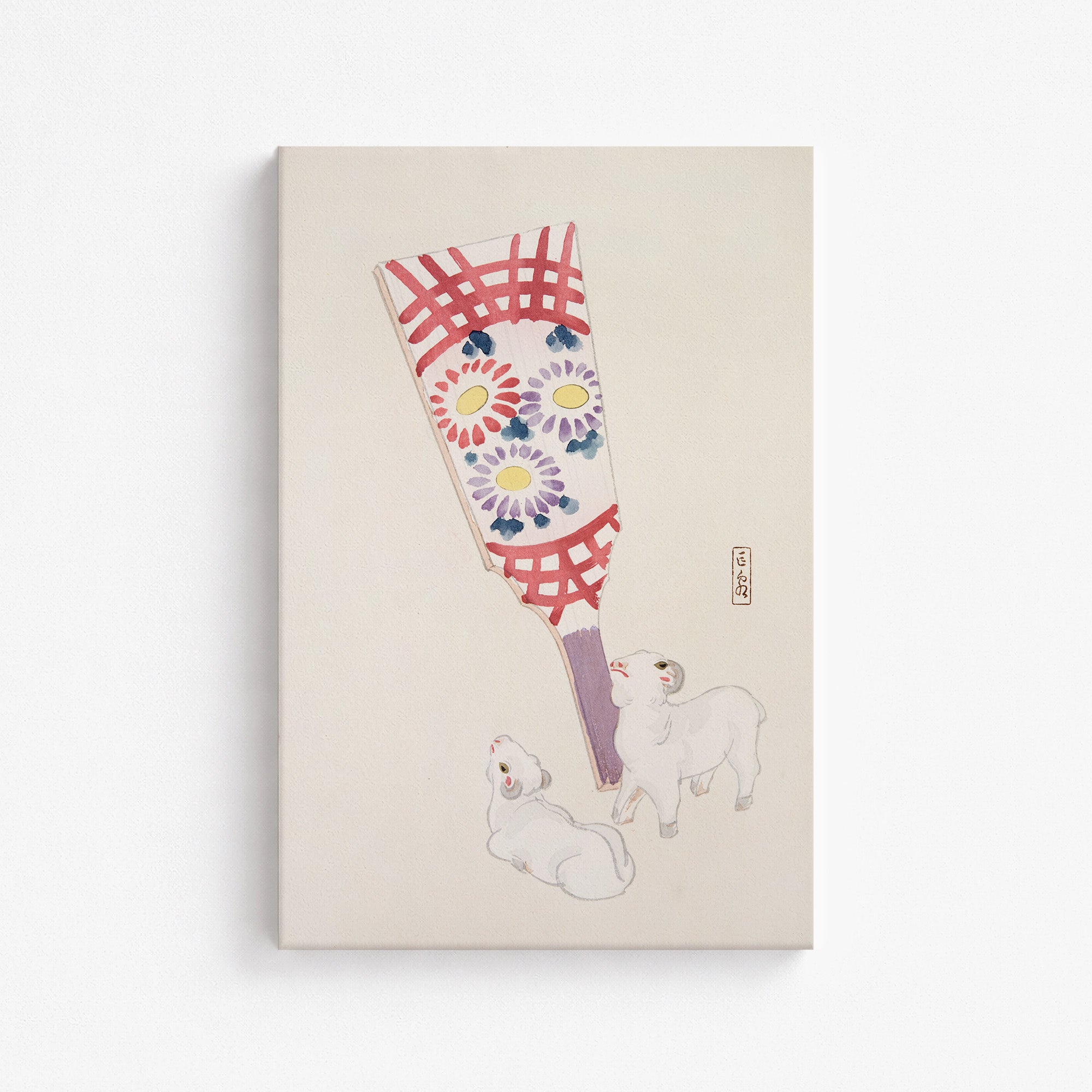 Kawasaki Kyosen’s Collected Illustrations of Japanese Toys No. 54 ("Playful Spirits: Traditional Paddle and Lambs"), Vintage Japanese Wall A