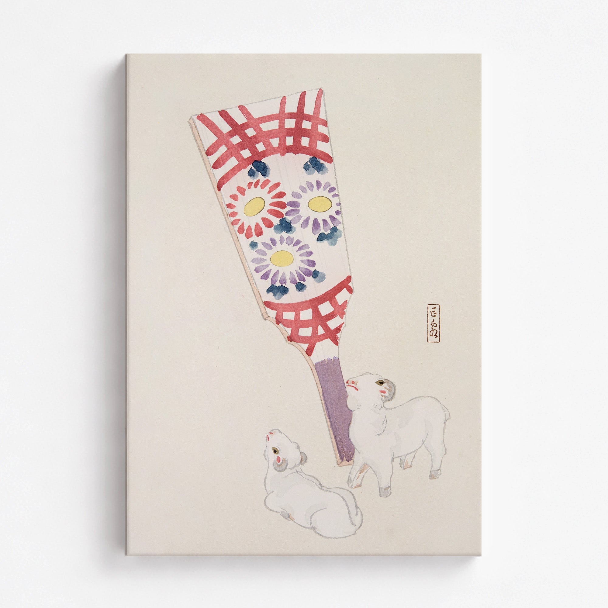 Kawasaki Kyosen’s Collected Illustrations of Japanese Toys No. 54 ("Playful Spirits: Traditional Paddle and Lambs"), Vintage Japanese Wall A