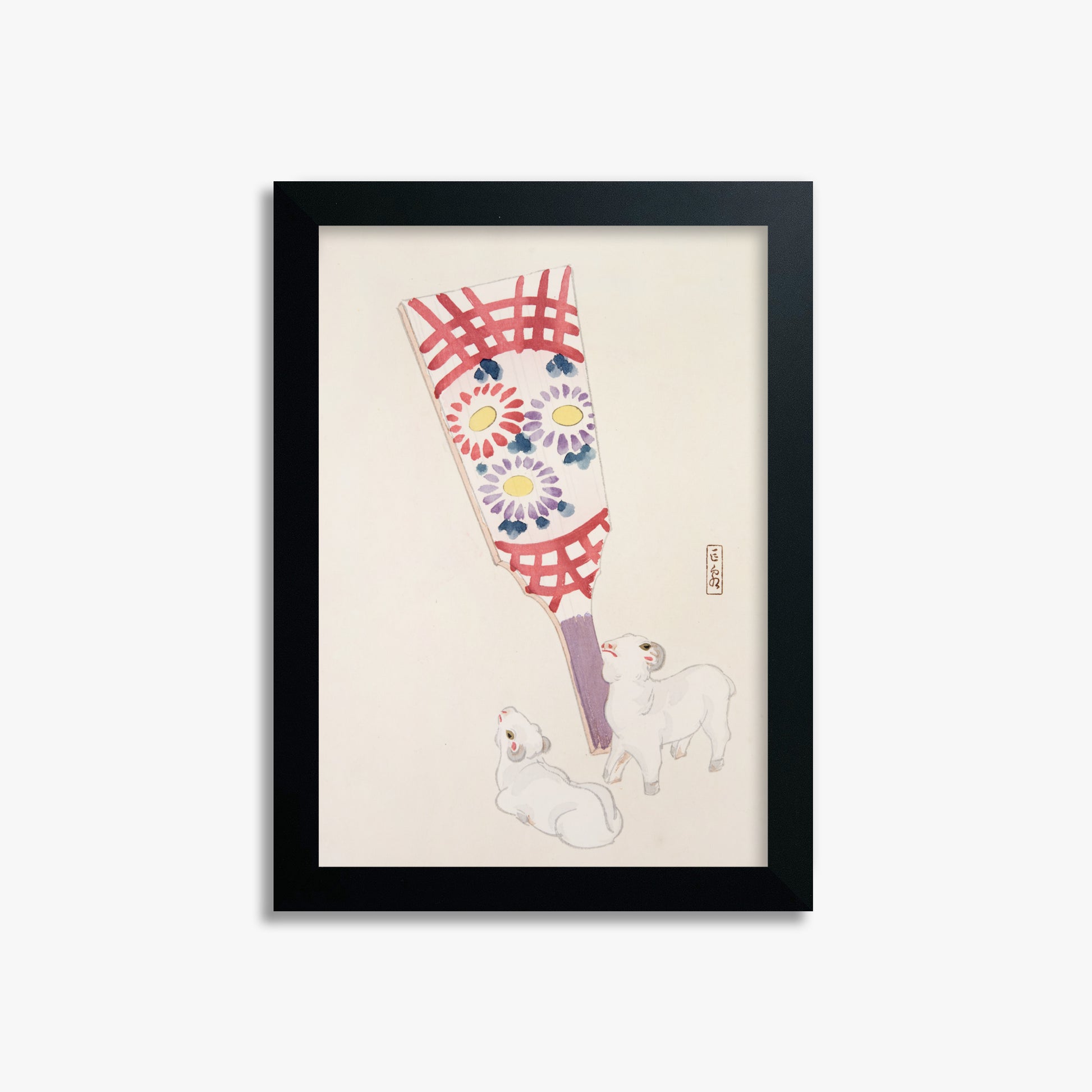 Kawasaki Kyosen: Kyosen’s Collected Illustrations of Japanese Toys Nr. 54 ("Playful Spirits: Traditional Paddle and Lambs"), 21x30cm Framed Art Reproduction With Black Frame