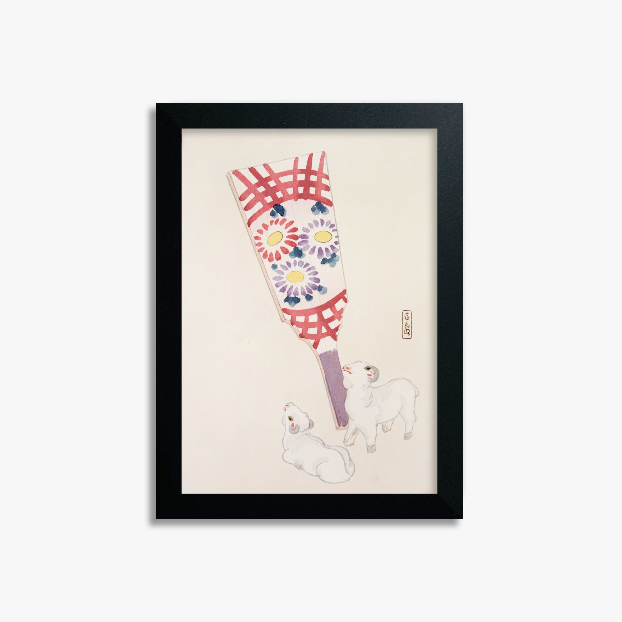 Kawasaki Kyosen: Kyosen’s Collected Illustrations of Japanese Toys Nr. 54 ("Playful Spirits: Traditional Paddle and Lambs"), 21x30cm Framed Art Reproduction With Black Frame