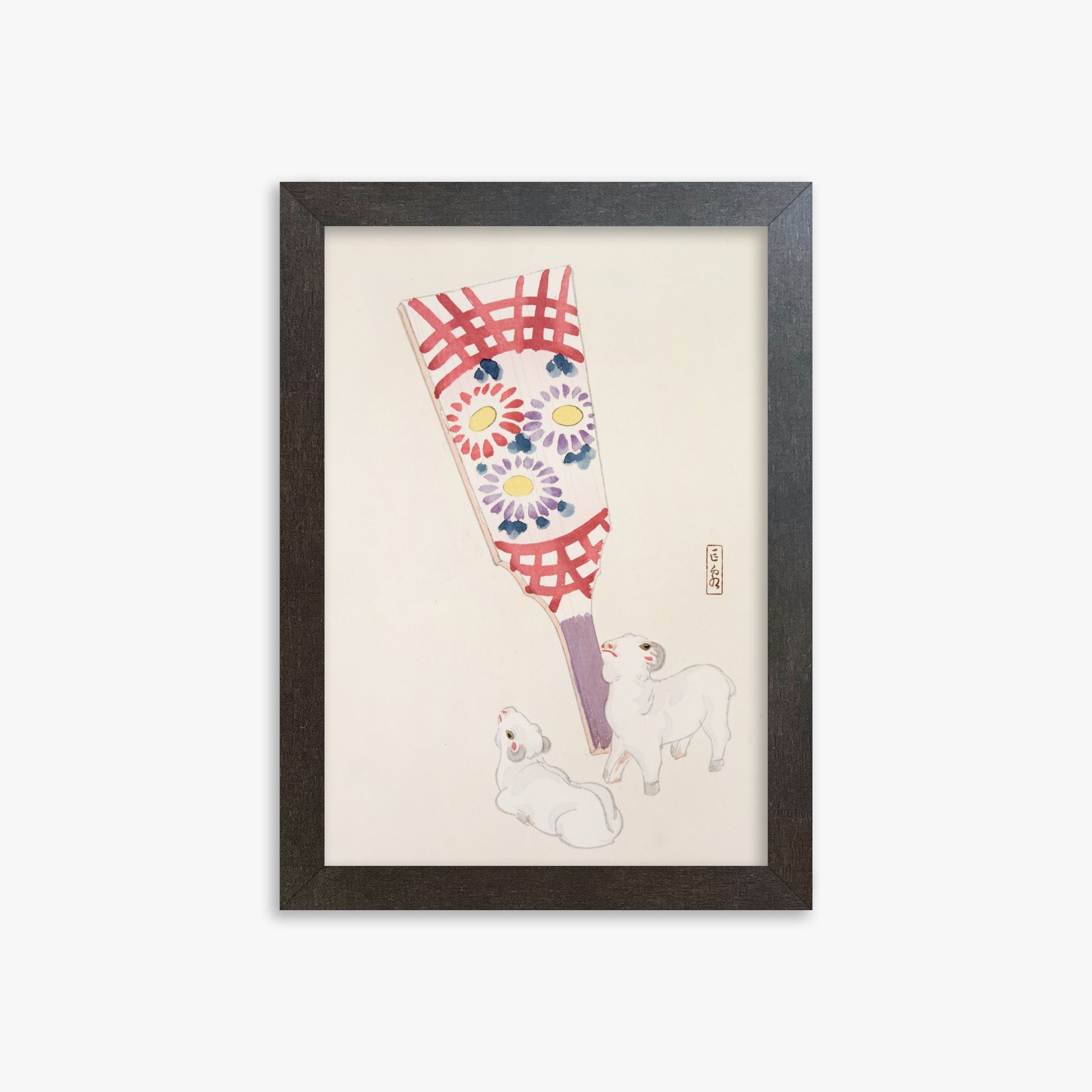 Kawasaki Kyosen: Kyosen’s Collected Illustrations of Japanese Toys Nr. 54 ("Playful Spirits: Traditional Paddle and Lambs"), 21x30cm Framed Art Reproduction With Espresso Frame