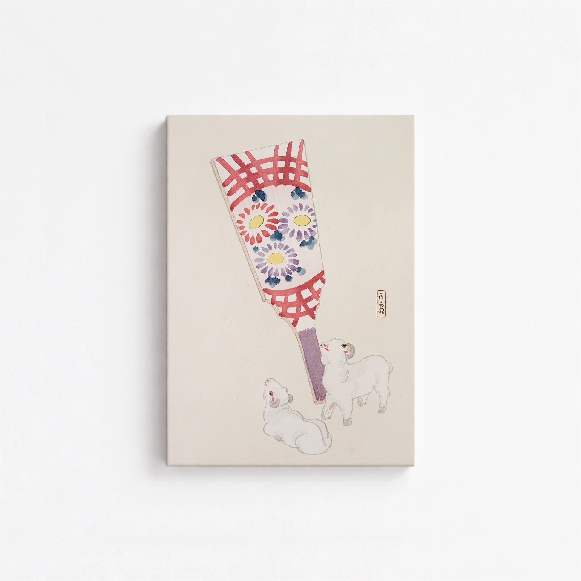 Kawasaki Kyosen: Kyosen’s Collected Illustrations of Japanese Toys Nr. 54 ("Playful Spirits: Traditional Paddle and Lambs"), 21x30cm Satin Canvas Art Reproduction