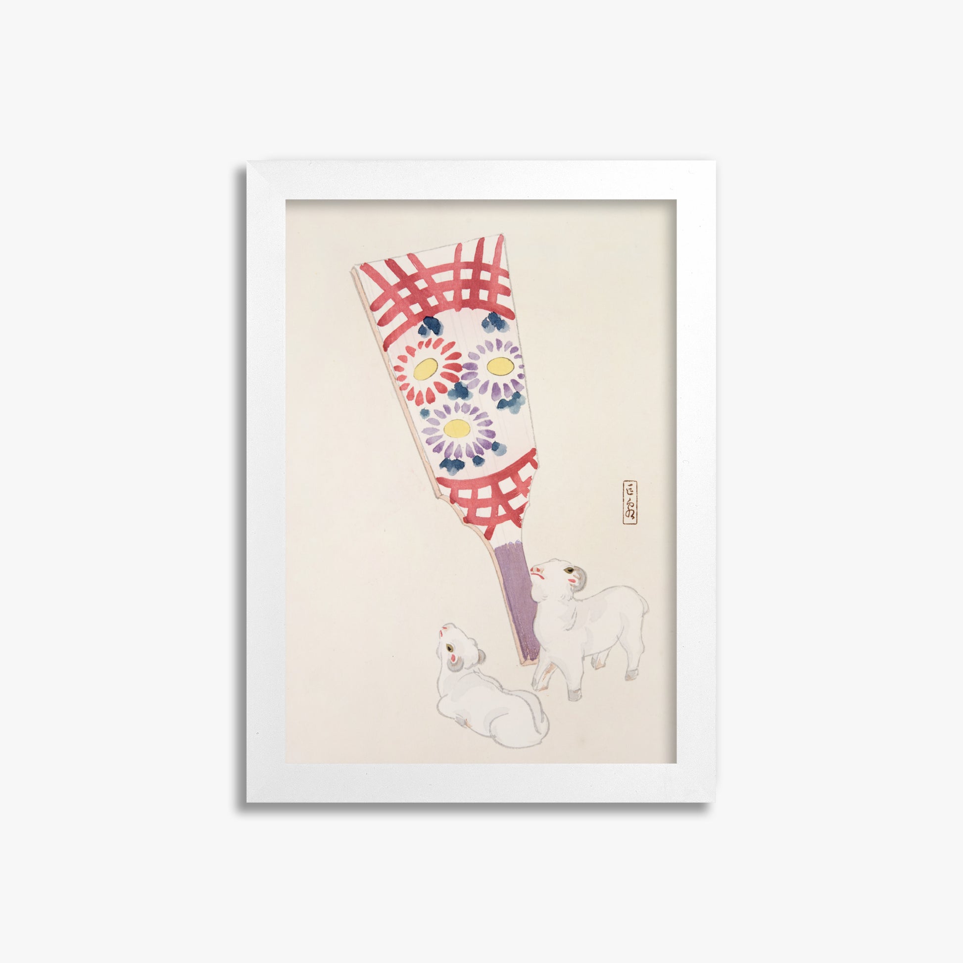 Kawasaki Kyosen: Kyosen’s Collected Illustrations of Japanese Toys Nr. 54 ("Playful Spirits: Traditional Paddle and Lambs"), 21x30cm Framed Art Reproduction With White Frame