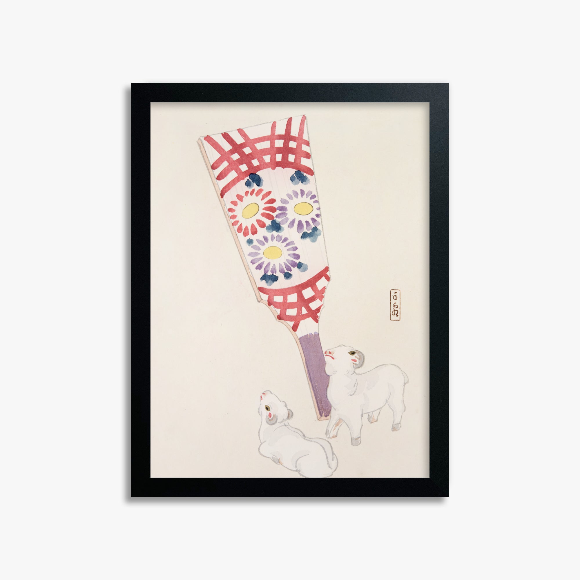 Kawasaki Kyosen: Kyosen’s Collected Illustrations of Japanese Toys Nr. 54 ("Playful Spirits: Traditional Paddle and Lambs"), 30x40cm Framed Art Reproduction With Black Frame