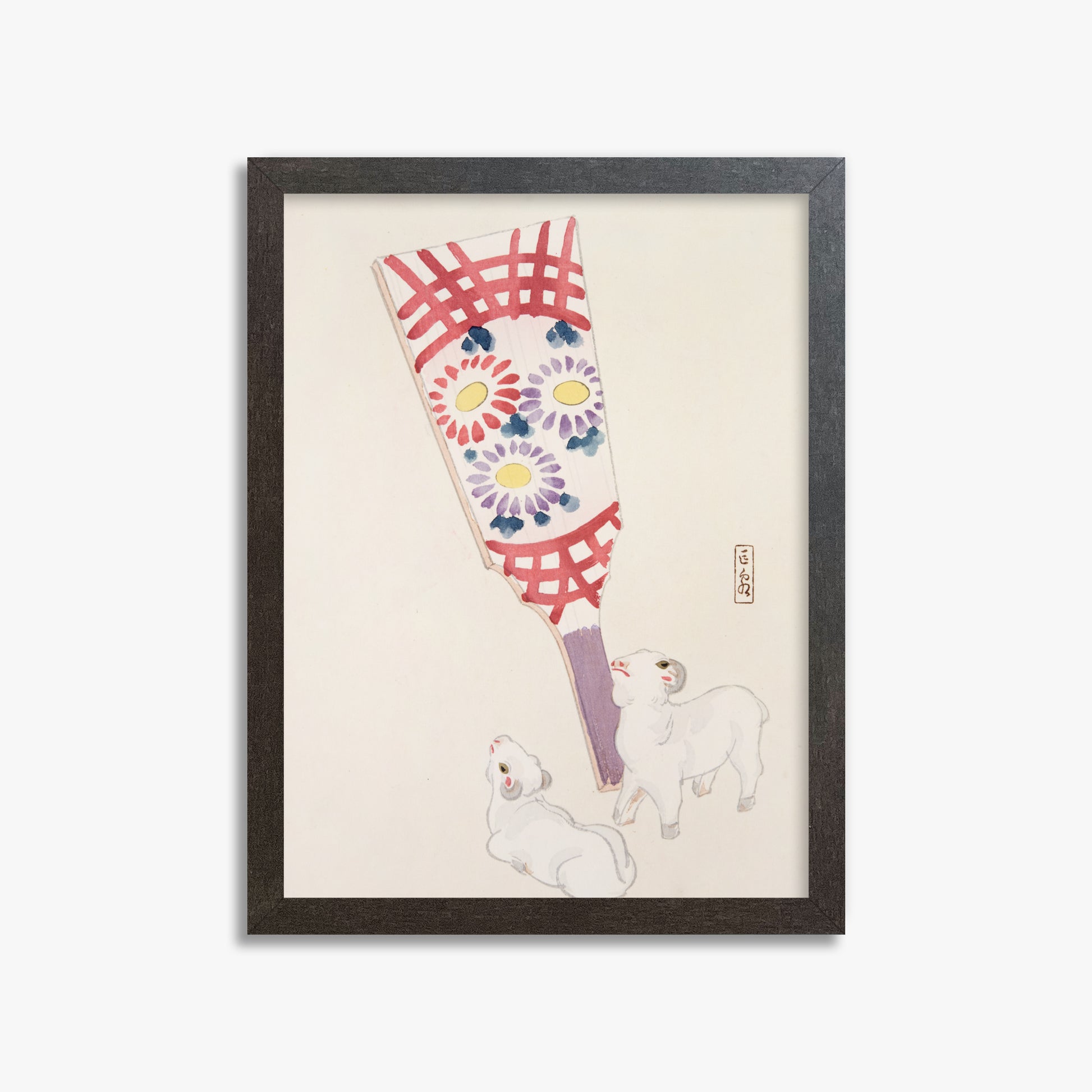 Kawasaki Kyosen: Kyosen’s Collected Illustrations of Japanese Toys Nr. 54 ("Playful Spirits: Traditional Paddle and Lambs"), 30x40cm Framed Art Reproduction With Espresso Frame