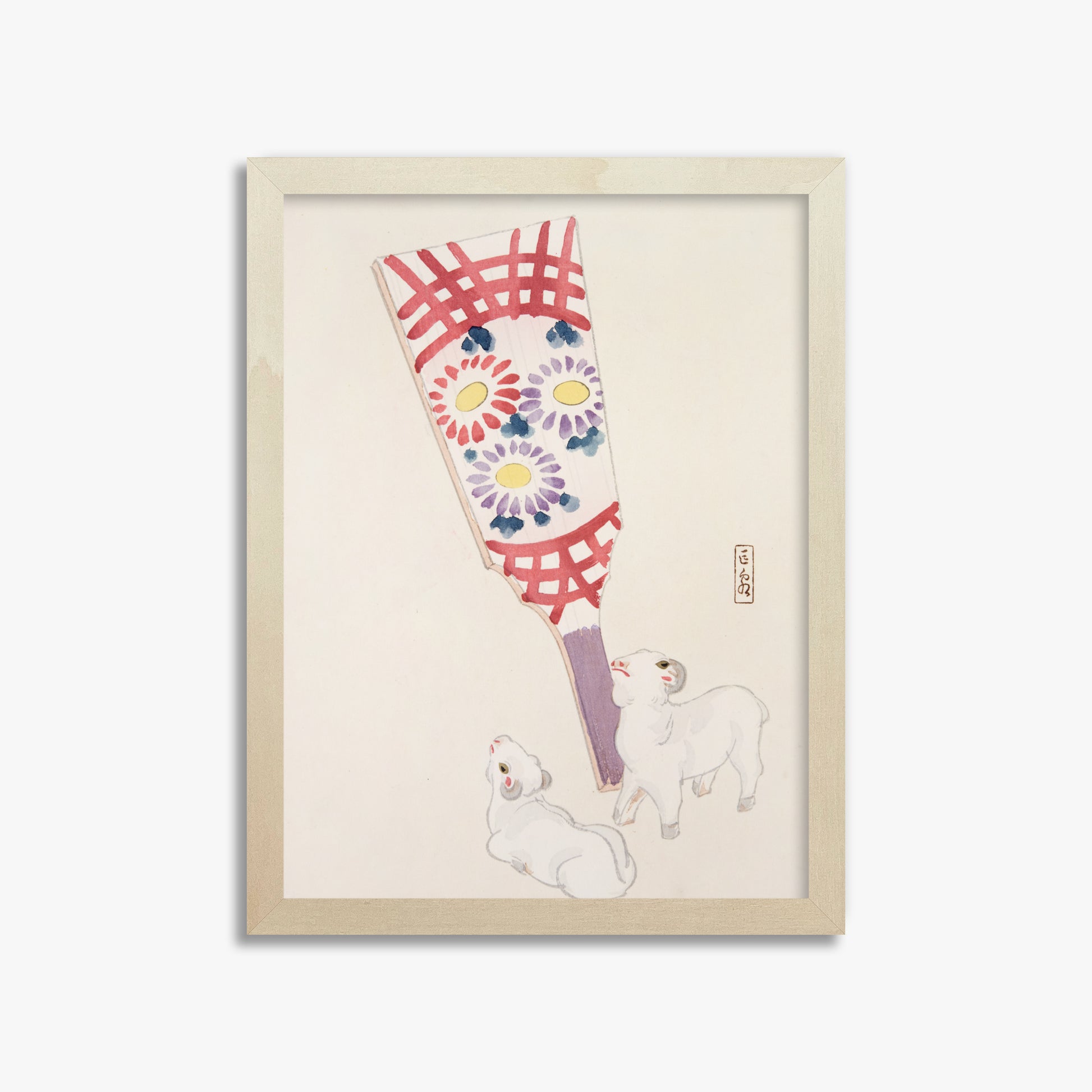 Kawasaki Kyosen: Kyosen’s Collected Illustrations of Japanese Toys Nr. 54 ("Playful Spirits: Traditional Paddle and Lambs"), 30x40cm Framed Art Reproduction With Lime Wood Frame
