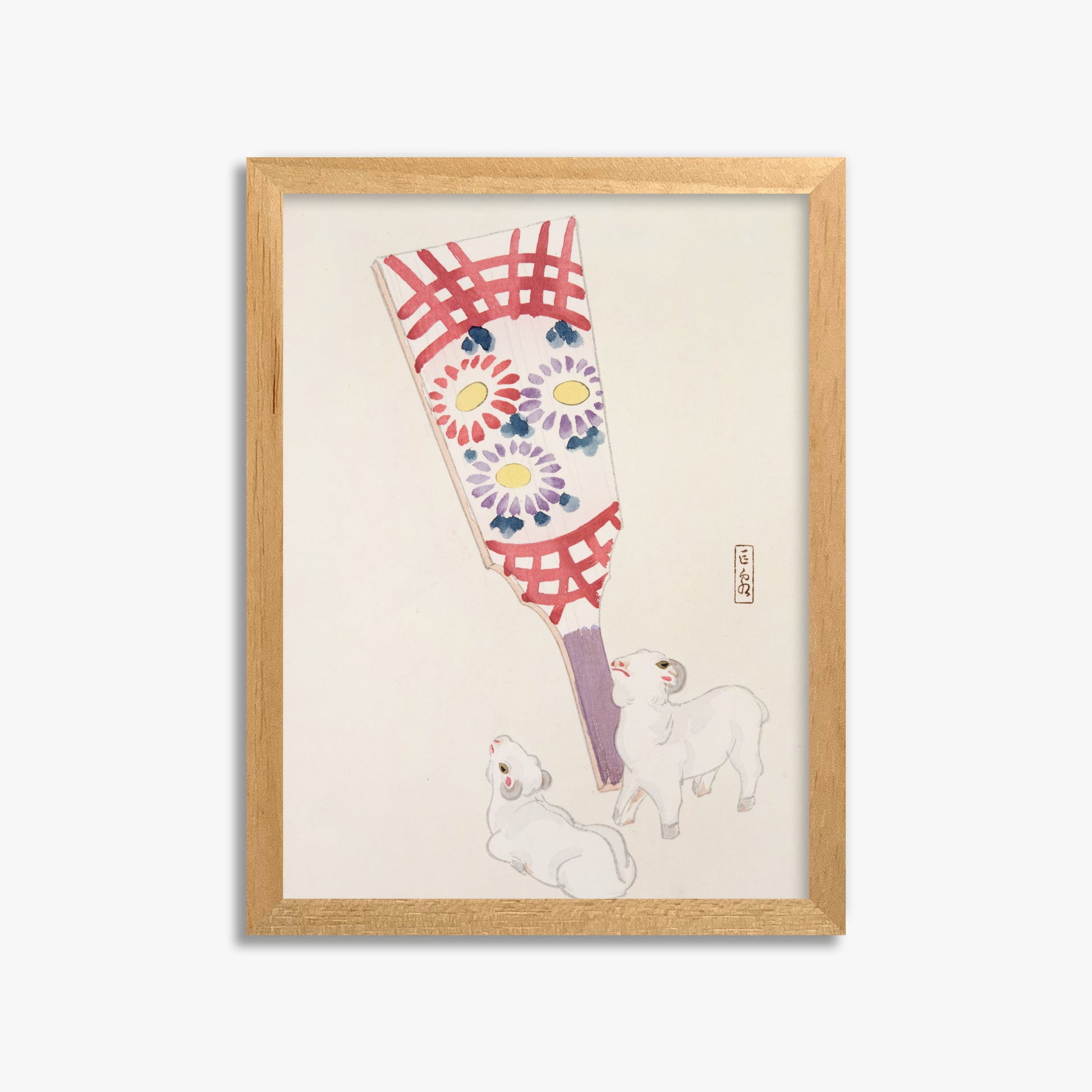 Kawasaki Kyosen: Kyosen’s Collected Illustrations of Japanese Toys Nr. 54 ("Playful Spirits: Traditional Paddle and Lambs"), 30x40cm Framed Art Reproduction With Oak Frame