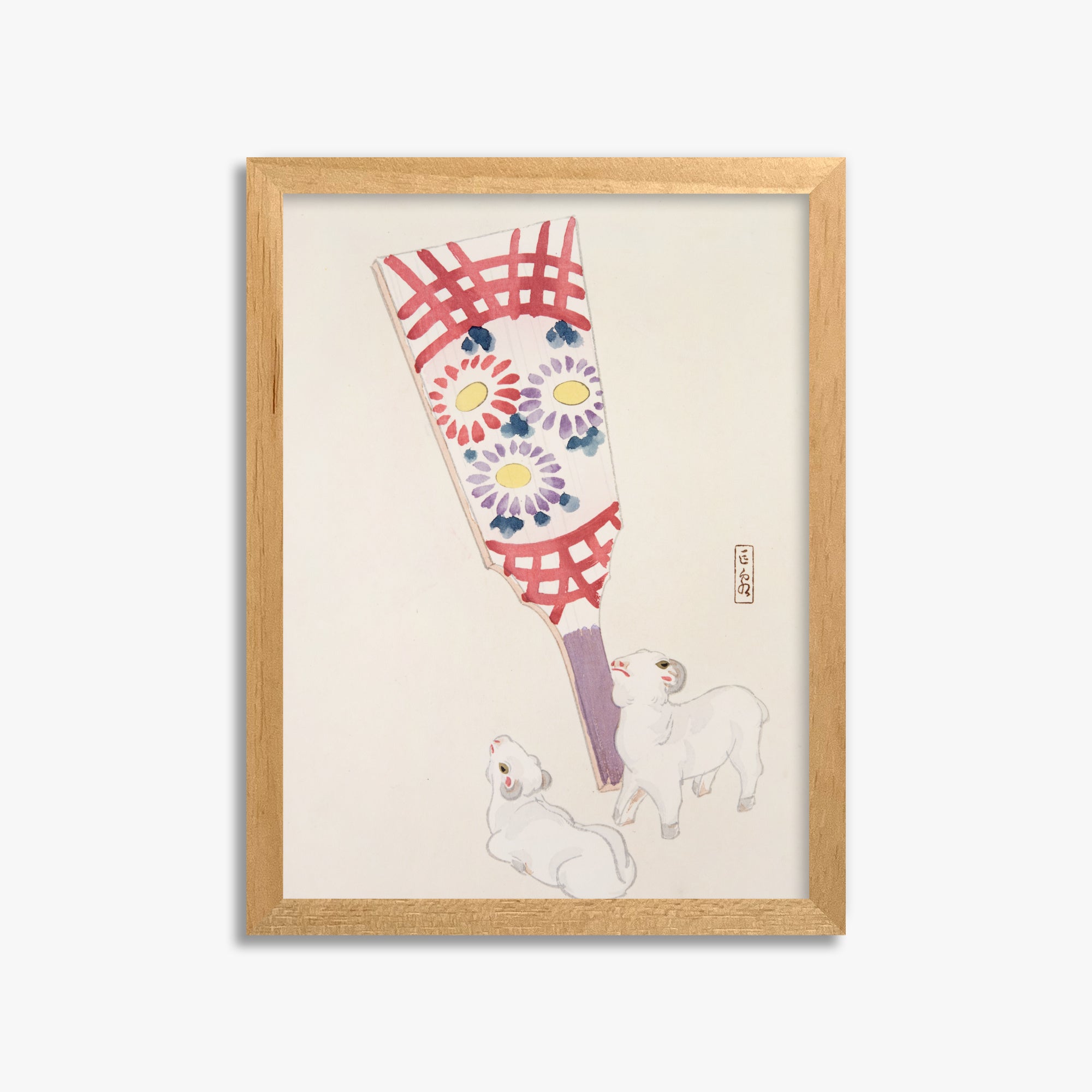 Kawasaki Kyosen: Kyosen’s Collected Illustrations of Japanese Toys Nr. 54 ("Playful Spirits: Traditional Paddle and Lambs"), 30x40cm Framed Art Reproduction With Oak Frame